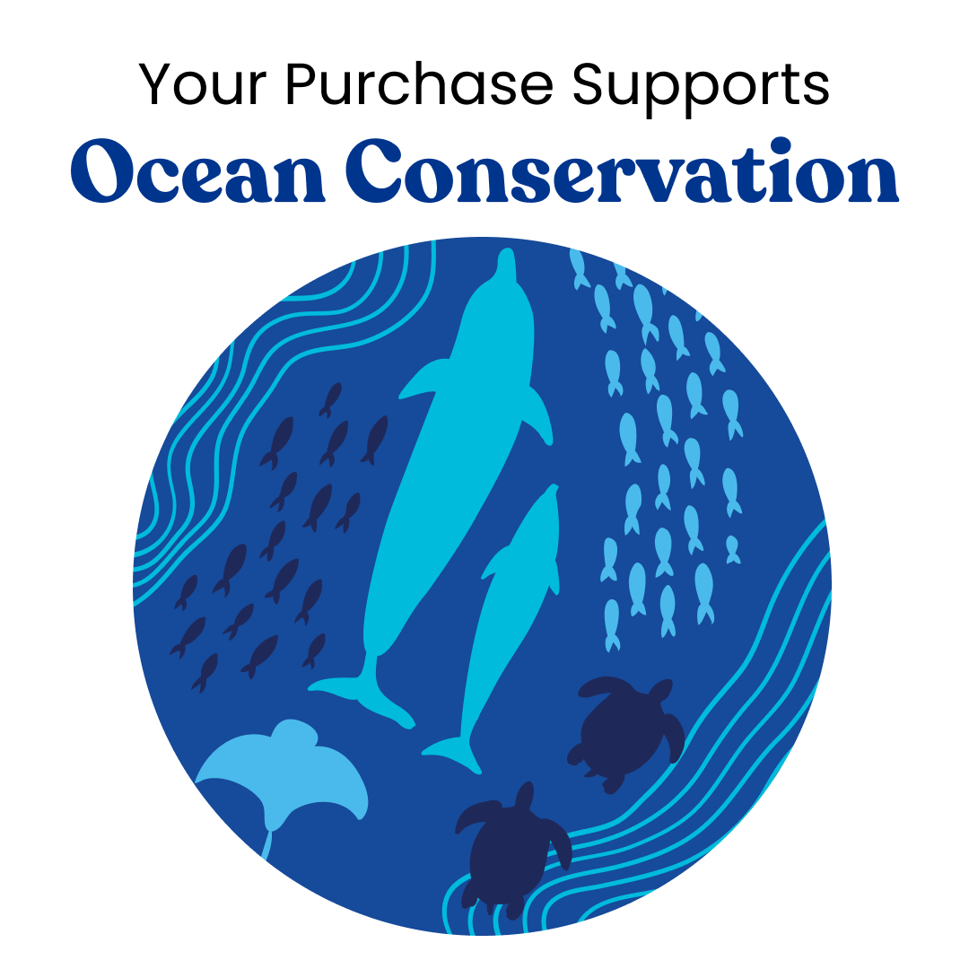 Blue circular design with dolphins and fish, supporting ocean conservation text above.