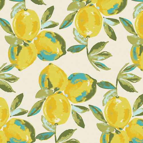 Pattern of yellow lemons with green leaves on a beige background