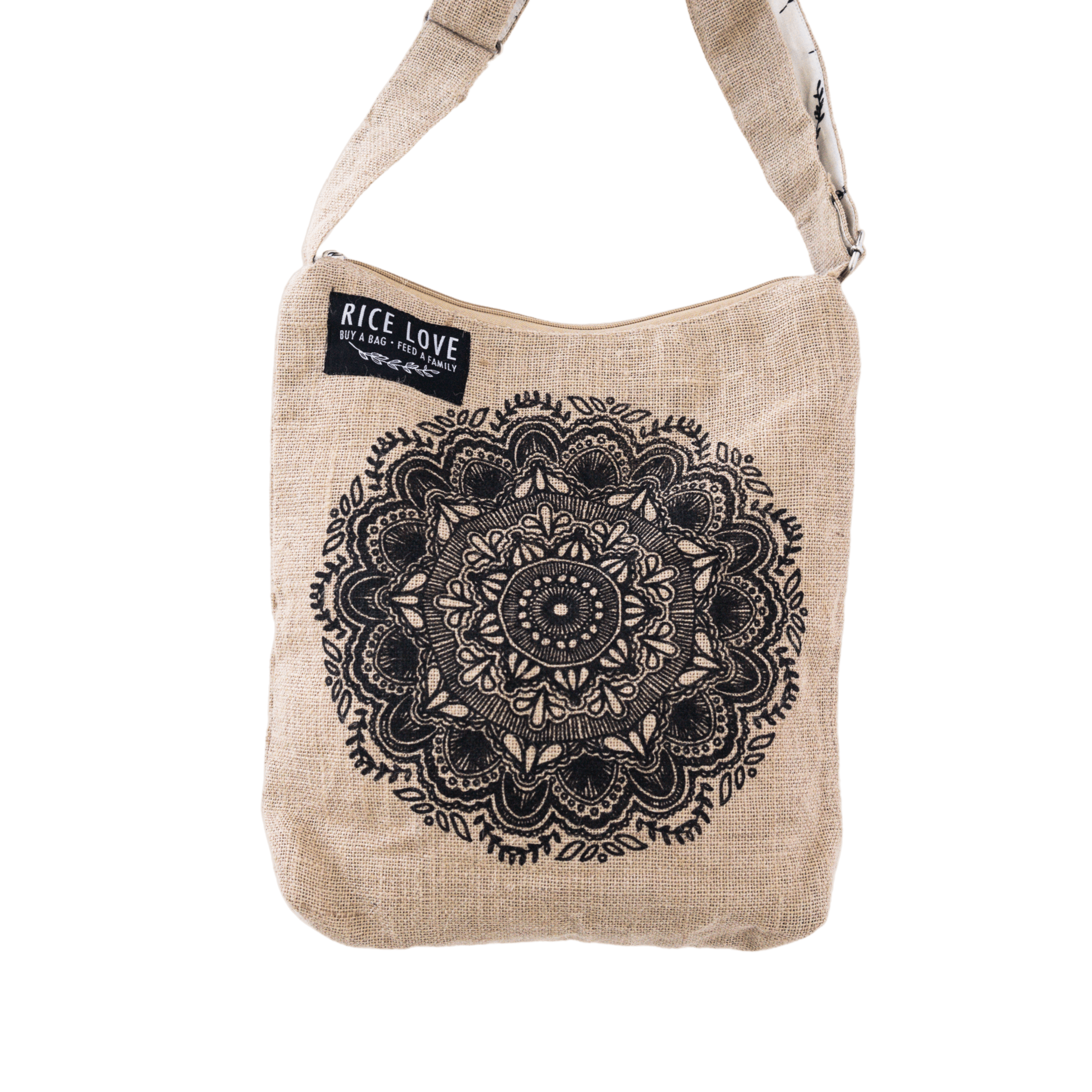 Beige bag with black mandala design and 'Rice Love' label on a transparent background