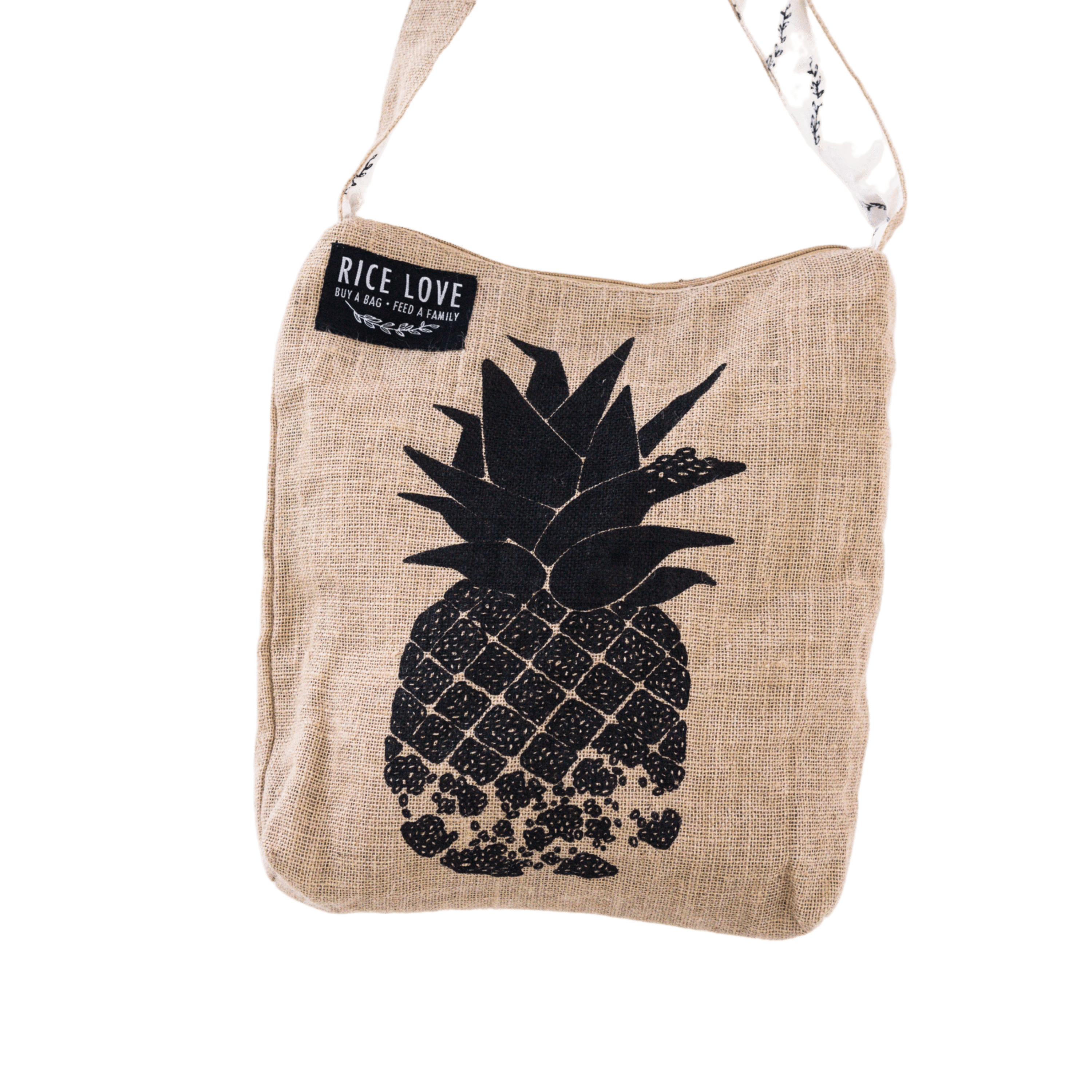 Beige shoulder bag with black pineapple design and 'Rice Love' label on a transparent background