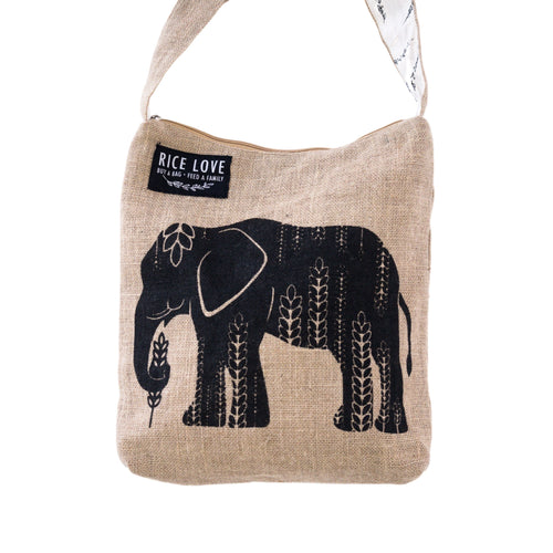 Beige shoulder bag with black elephant design and 'Rice Love' label on a white background
