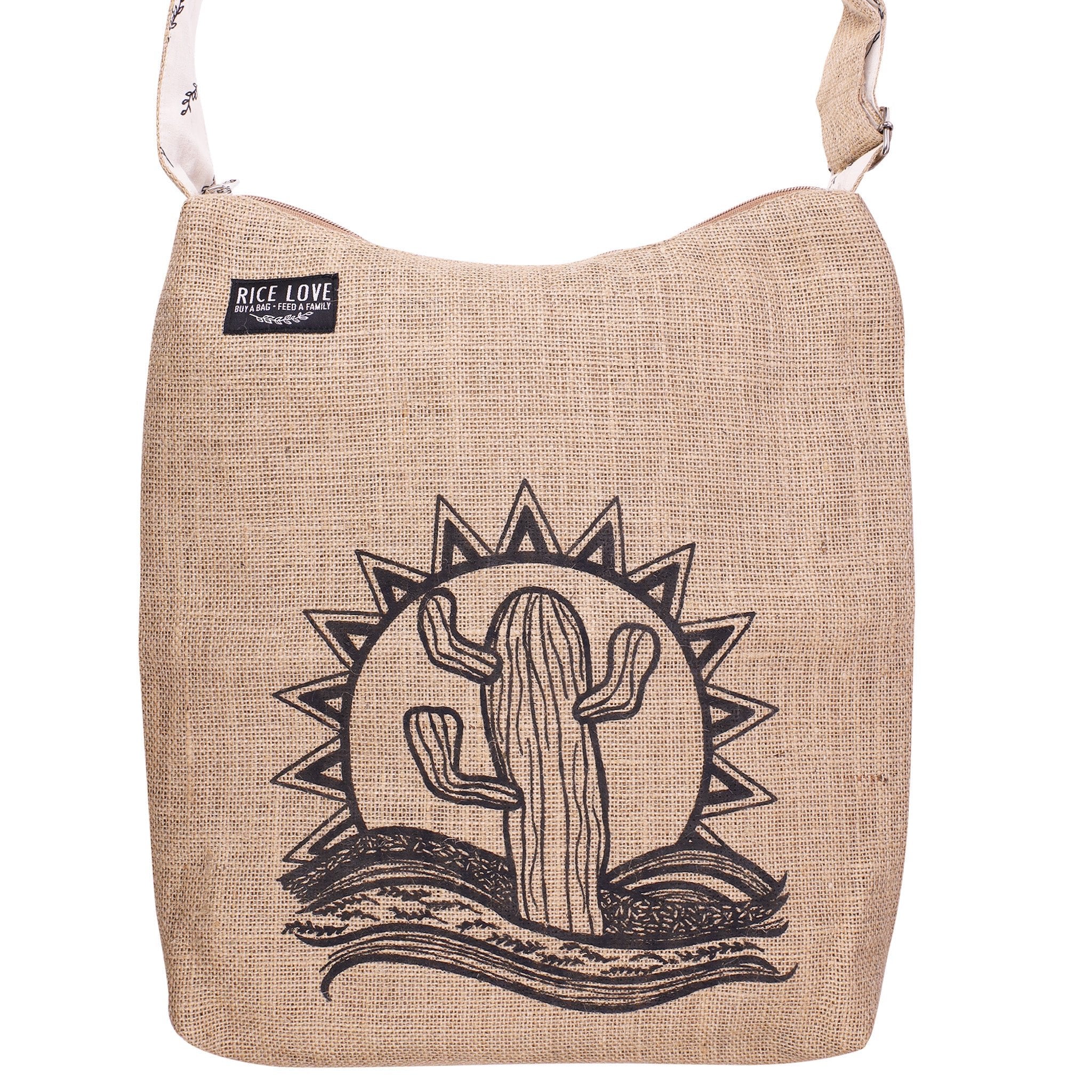 Jute bag with a cactus design and 'Rice Love' label on a white background