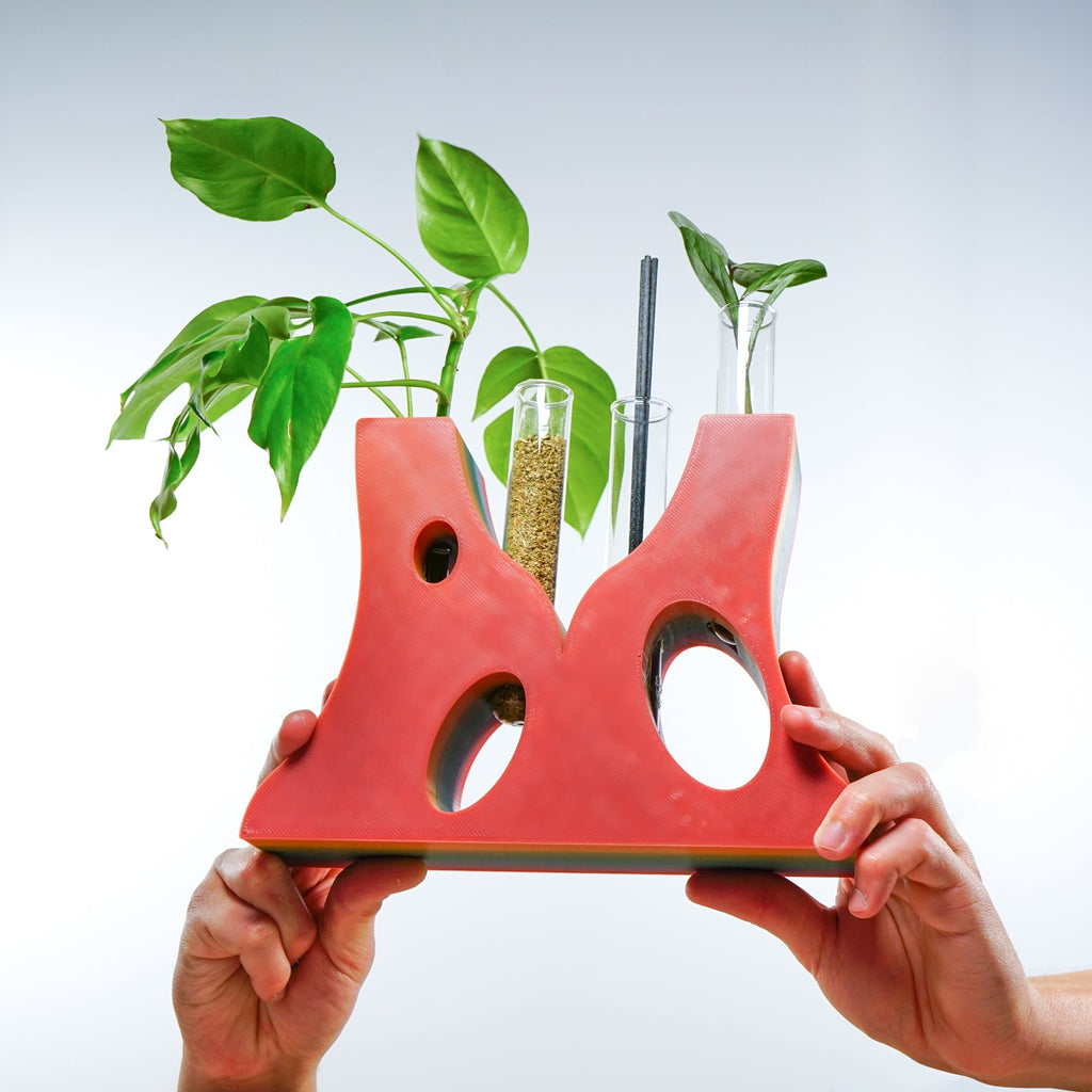Red propagation planter with a small plant in a glass tube on a light gray background