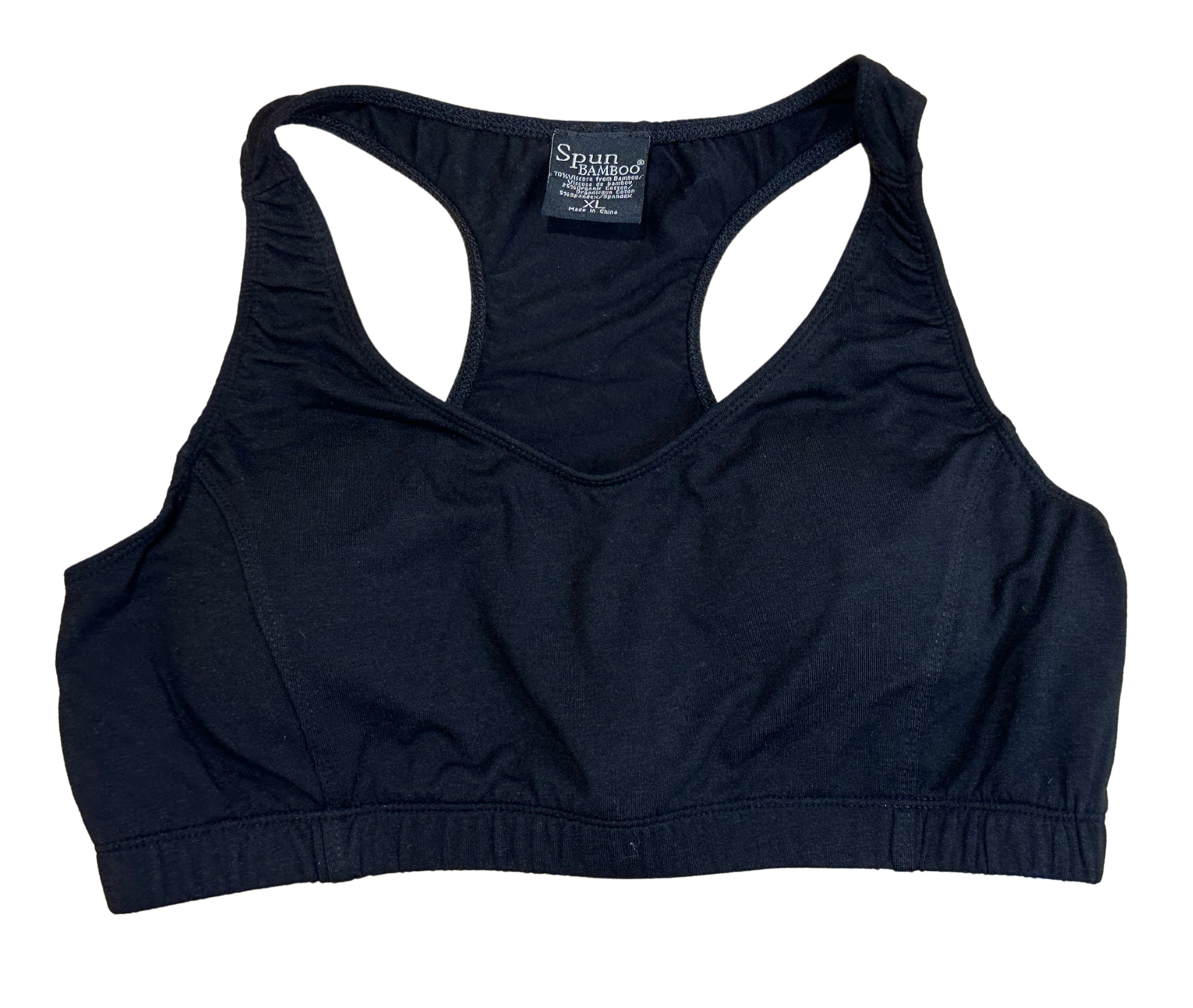 Black sports bra with 'Spun Bamboo' brand label on a white background
