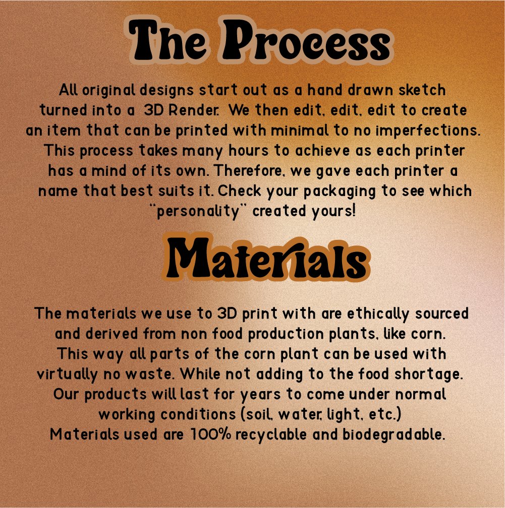 Text on a brown background about 3D printing process and materials