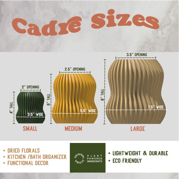 Chart showing different cadre sizes with measurements and descriptions on a textured background.
