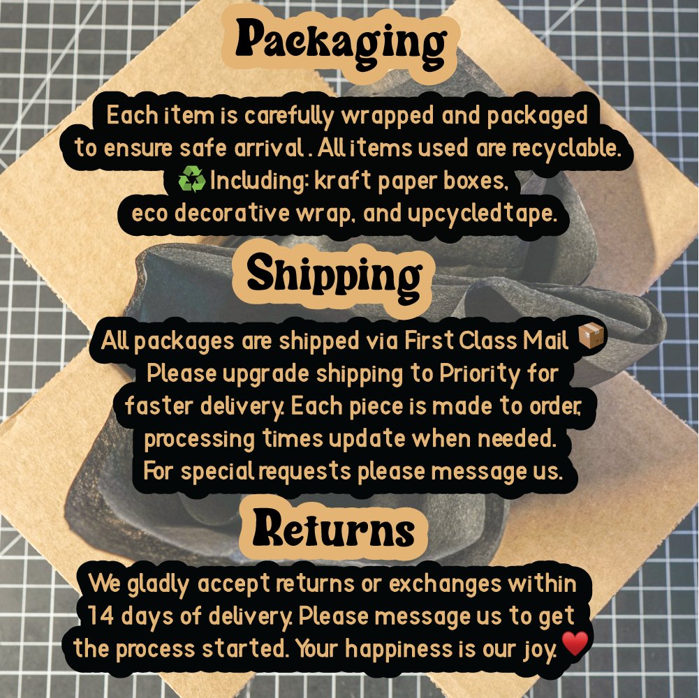 Text detailing packaging, shipping, and returns policies on a cardboard background.