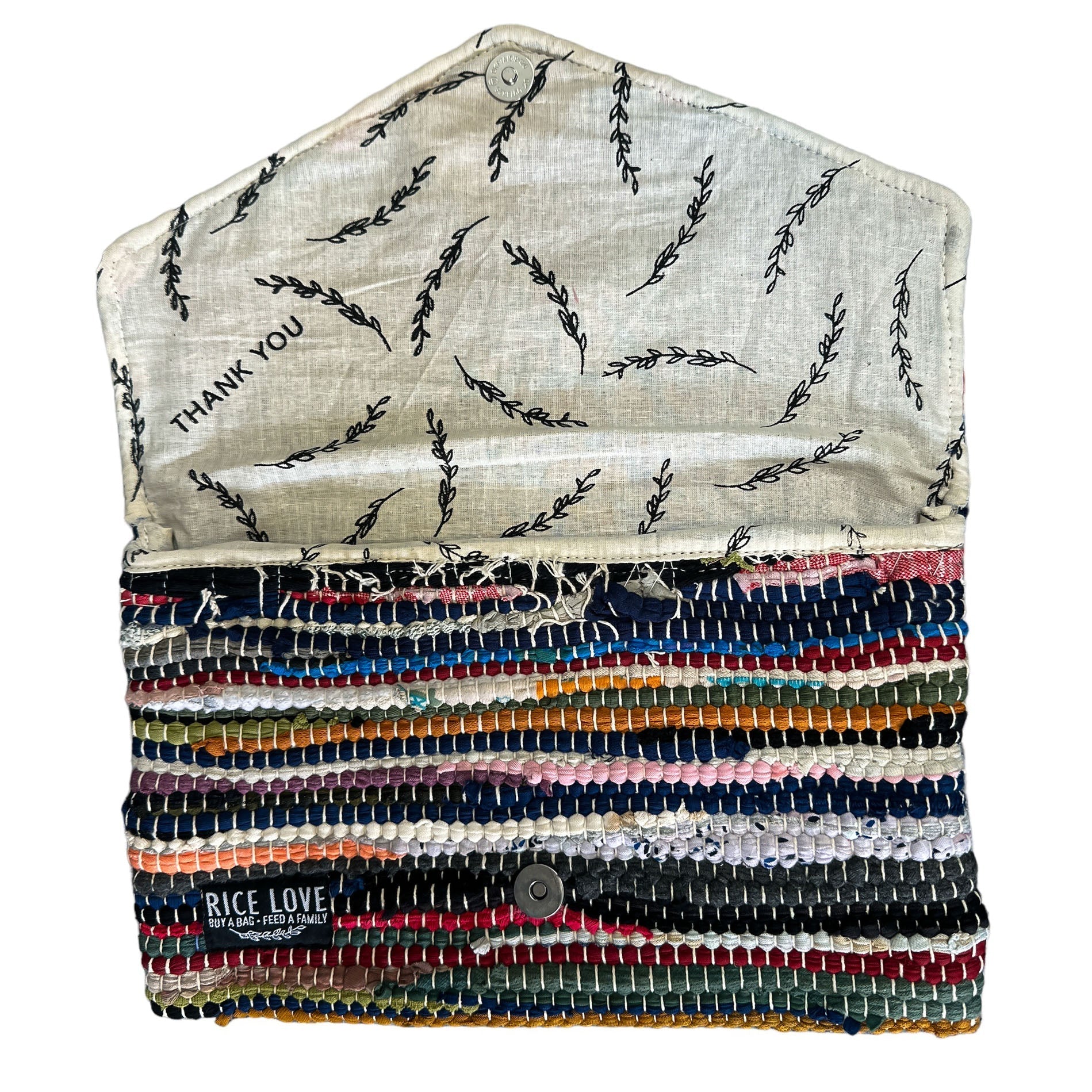Multicolored woven pouch with embroidered text on a white background