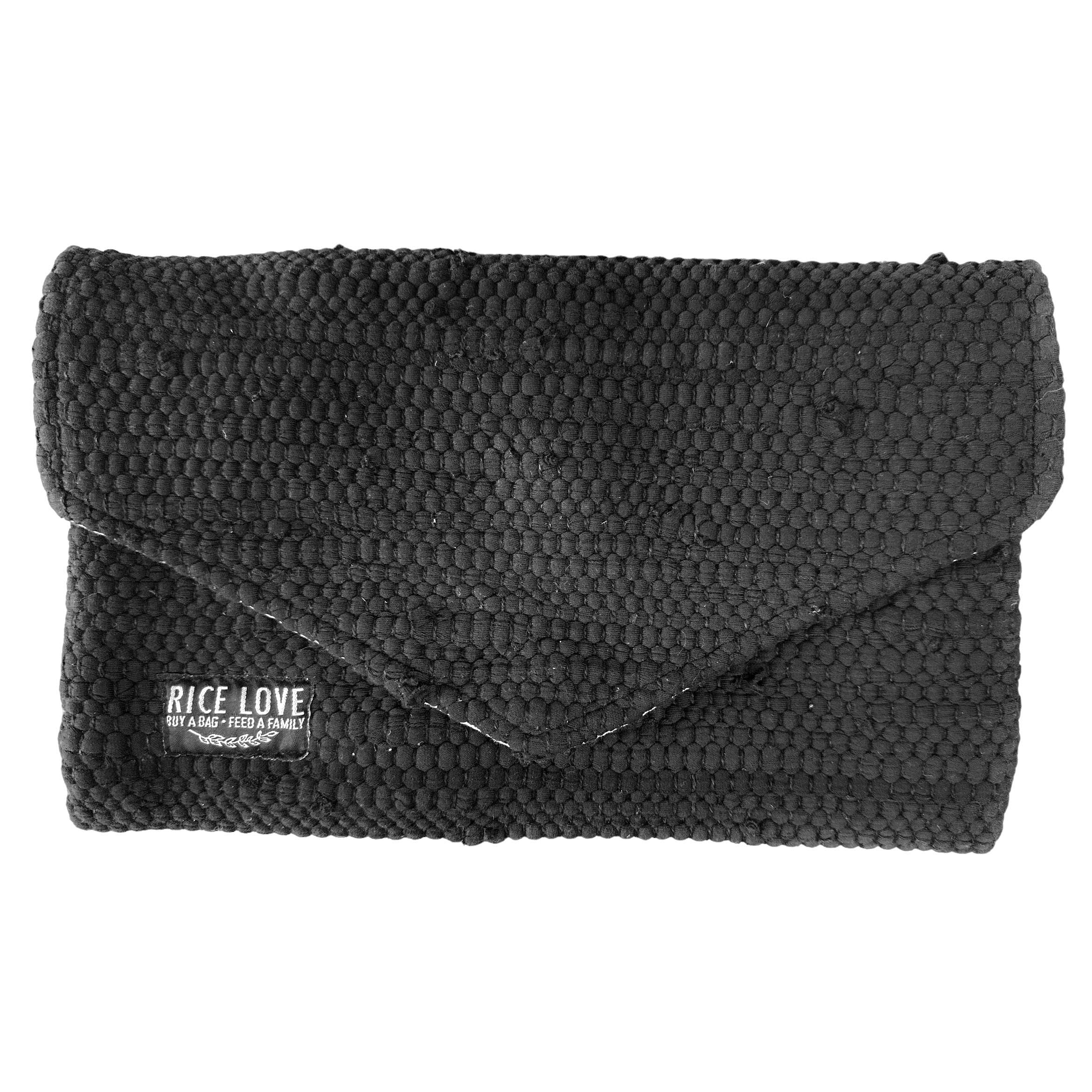 Black textured clutch bag with 'Rice Love' label on a white background