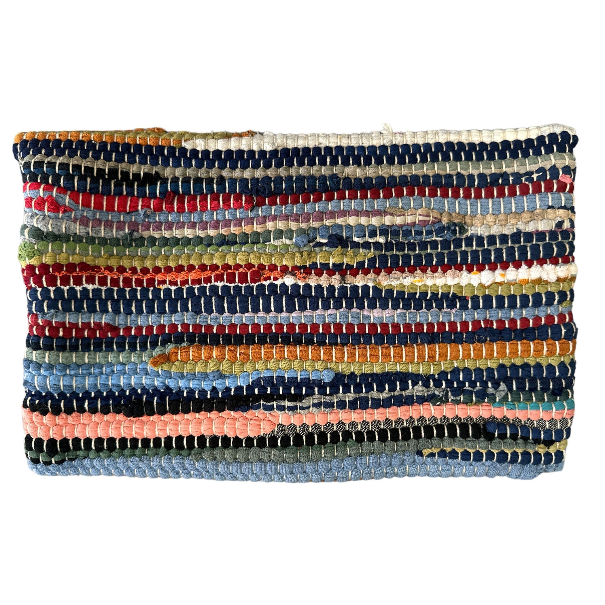 Back of a multicolored woven clutch bag on a white background