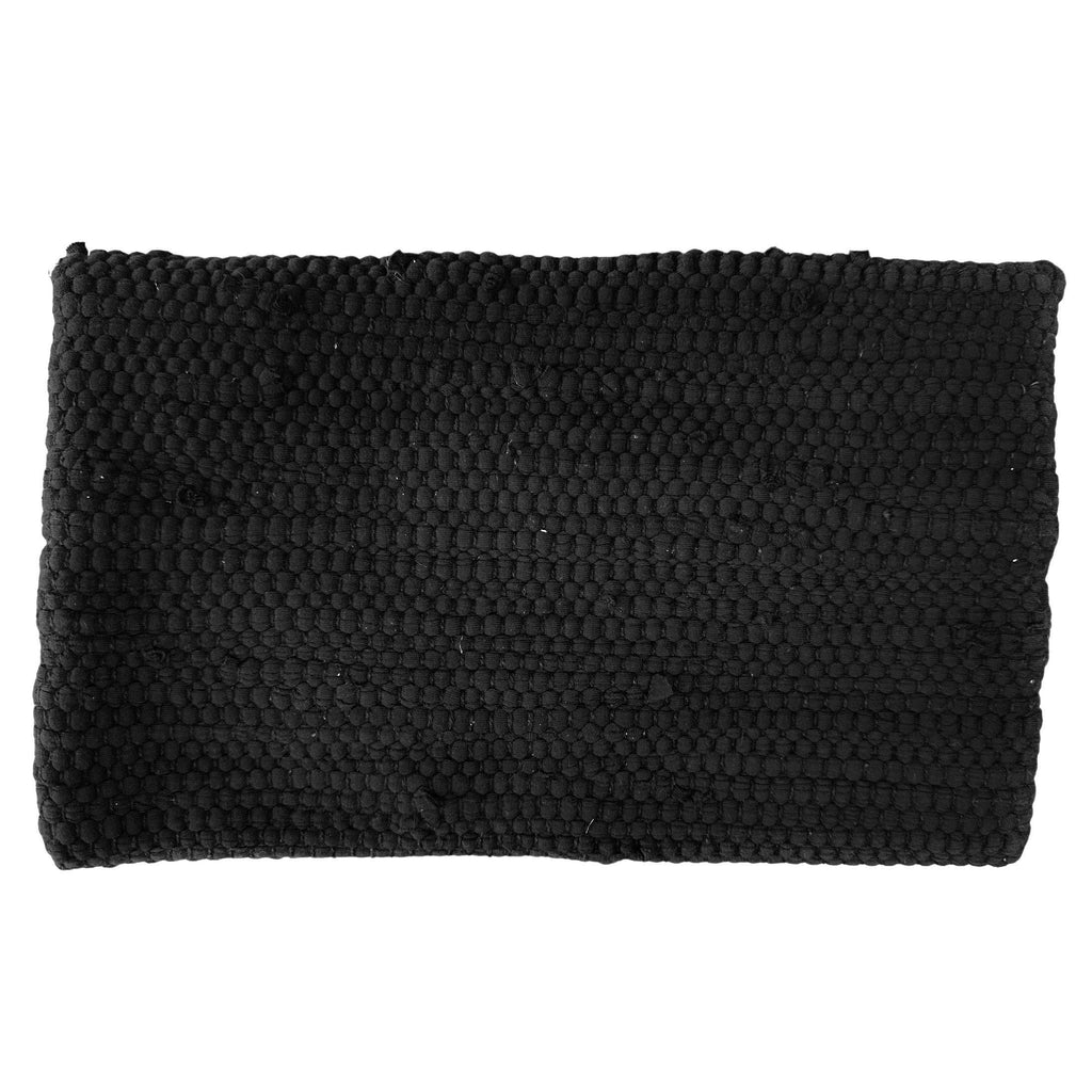 Back of a black knitted clutch on a white background