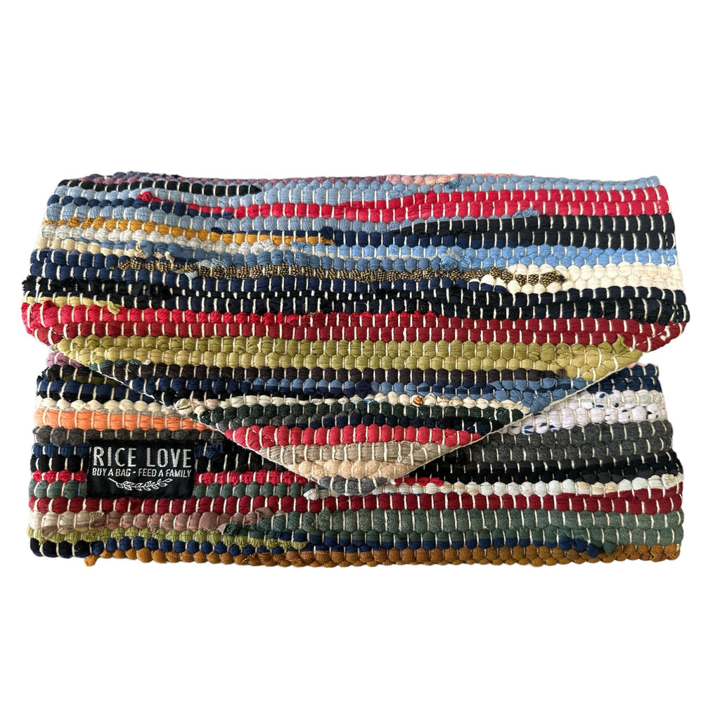 Multicolored beaded clutch with 'Rice Love' branding on a white background
