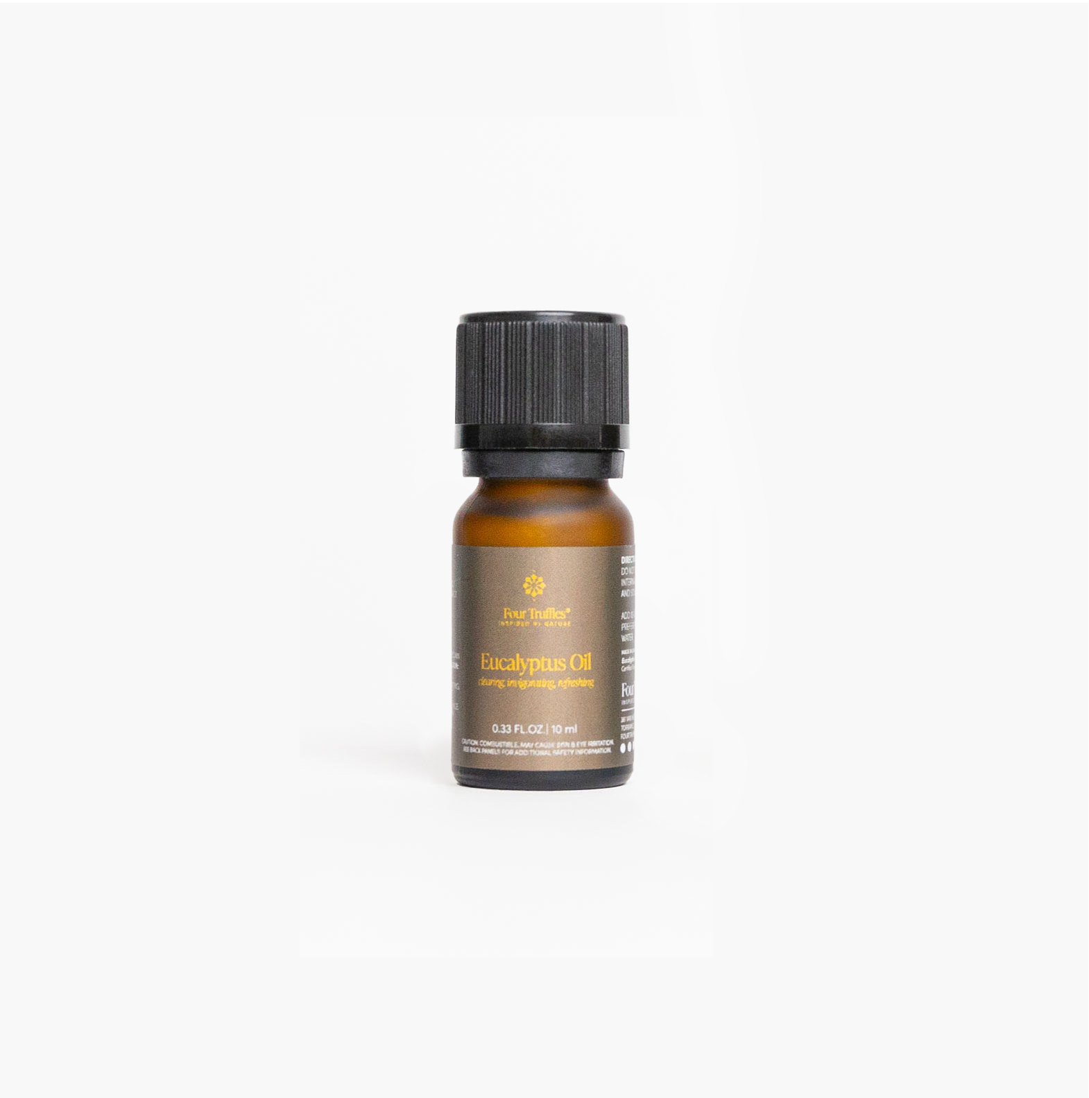 Eucalyptus essential oil bottle with a black cap on a white background