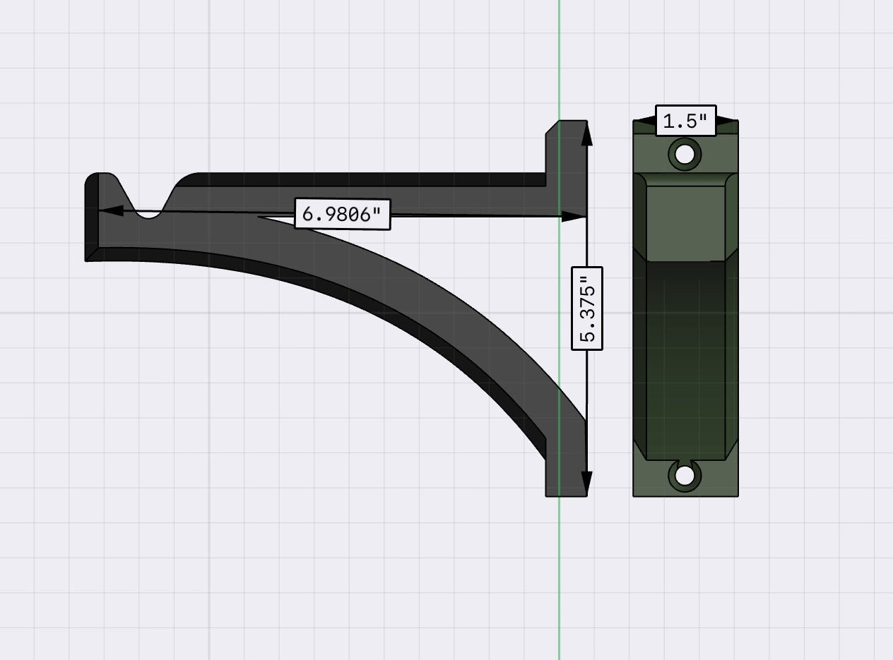 Technical drawing of a metal bracket with dimensions on a grid background