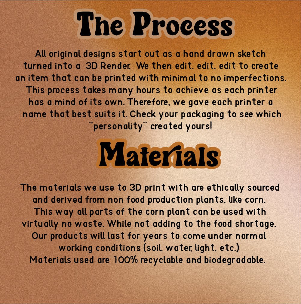 Text on a brown background about 3D printing process and materials