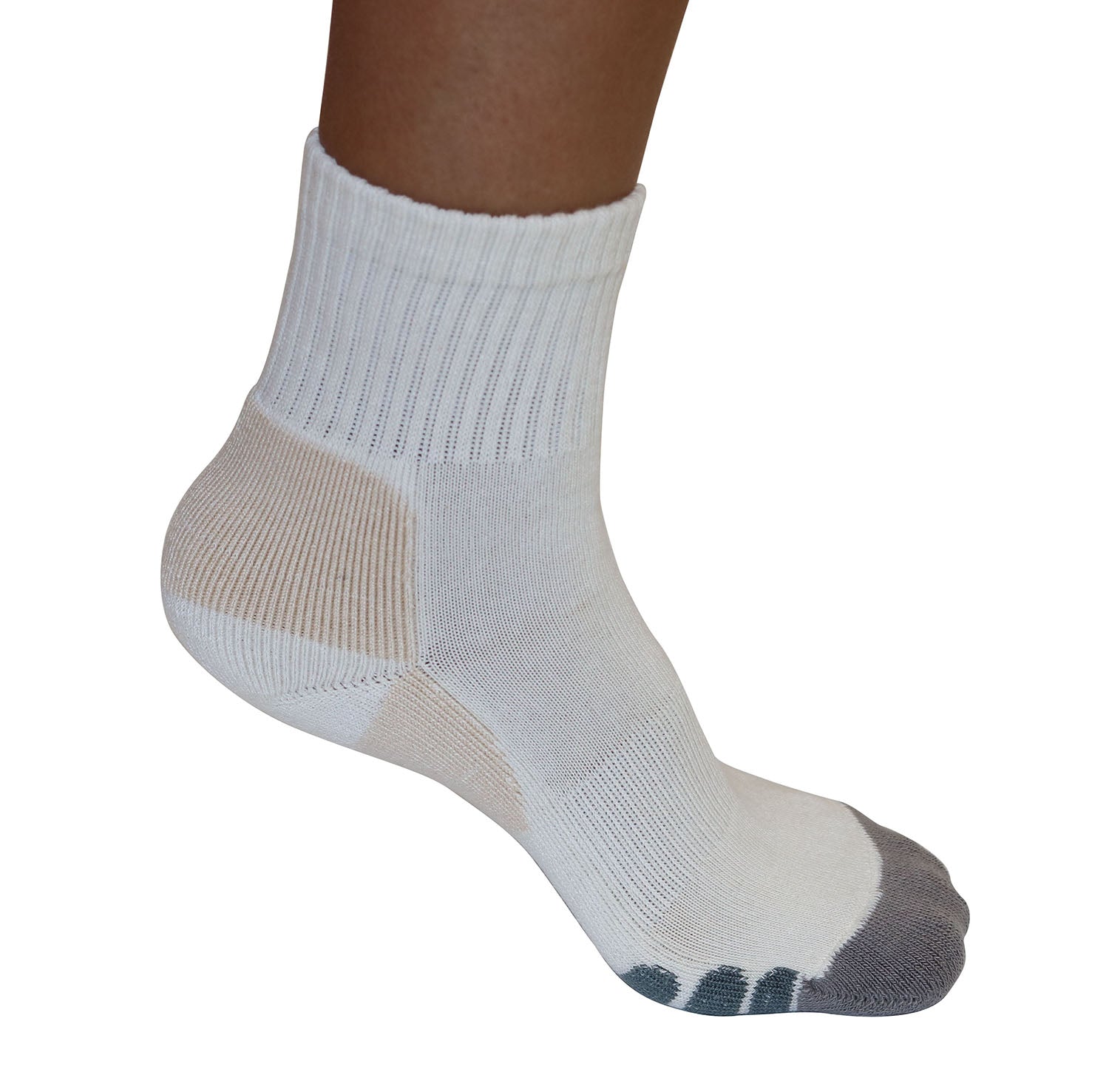White sock with beige heel and gray toe accents on a white background