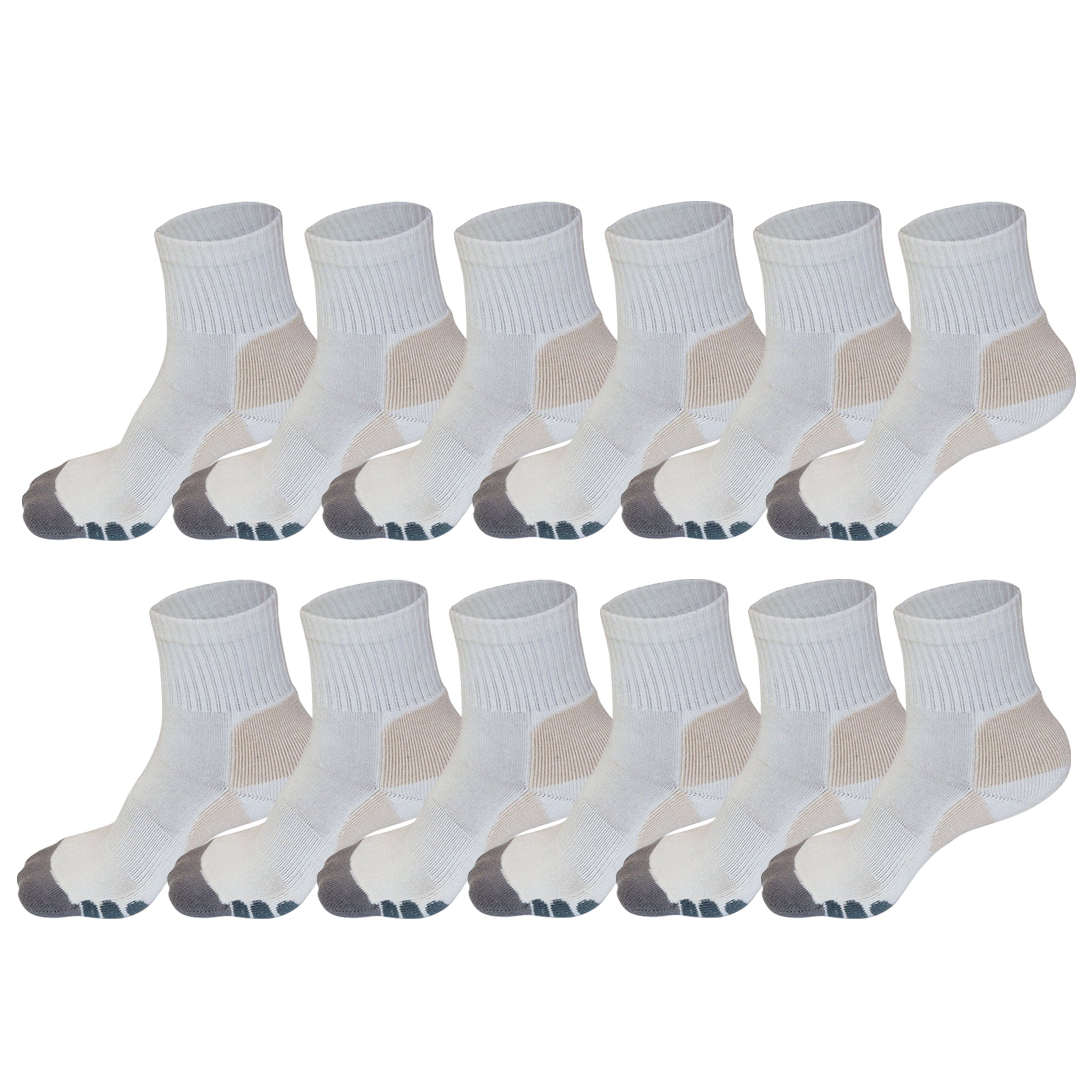 Multiple pairs of white socks with gray toes and beige heels on a white background