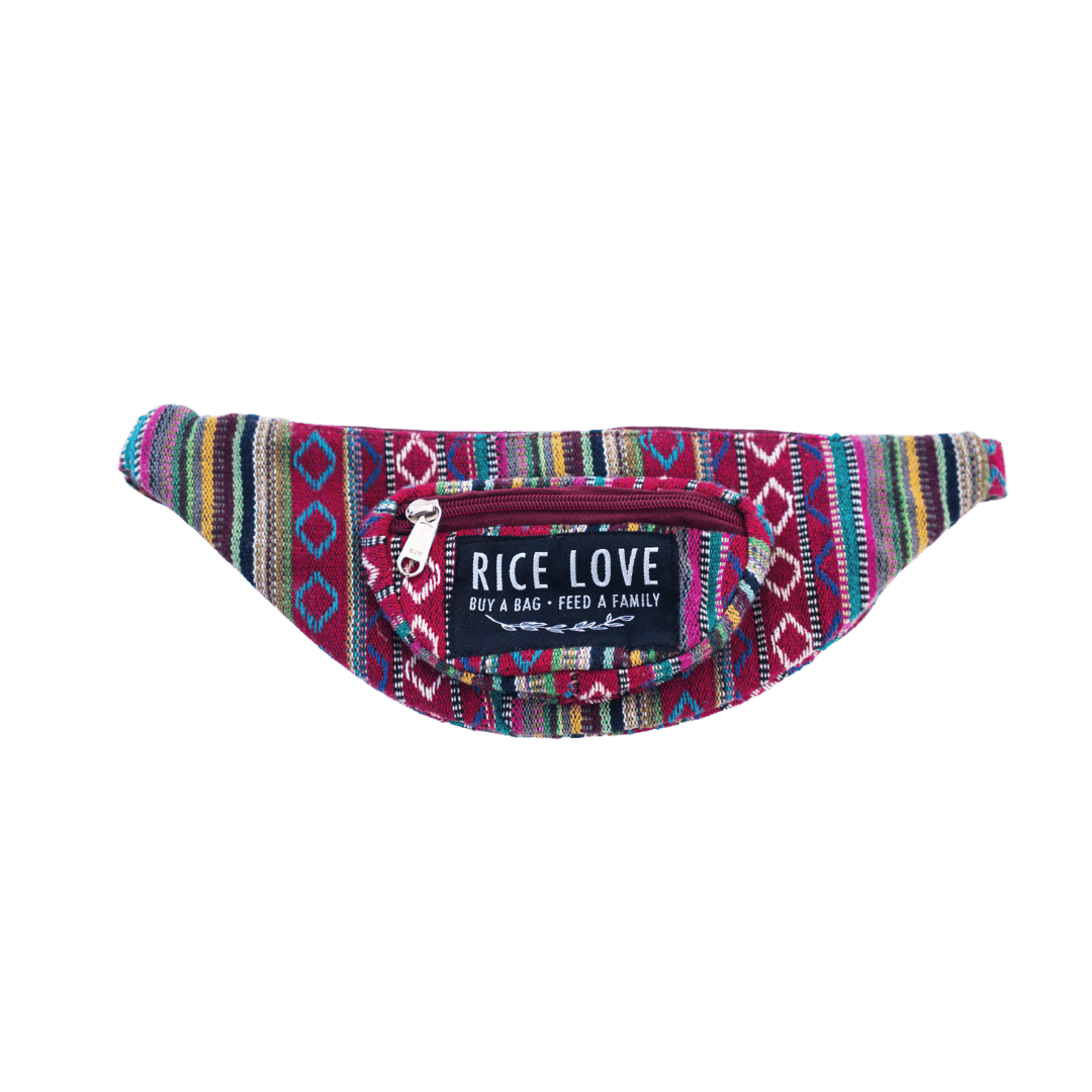 Multicolored patterned waist bag with 'Rice Love' label on a transparent background
