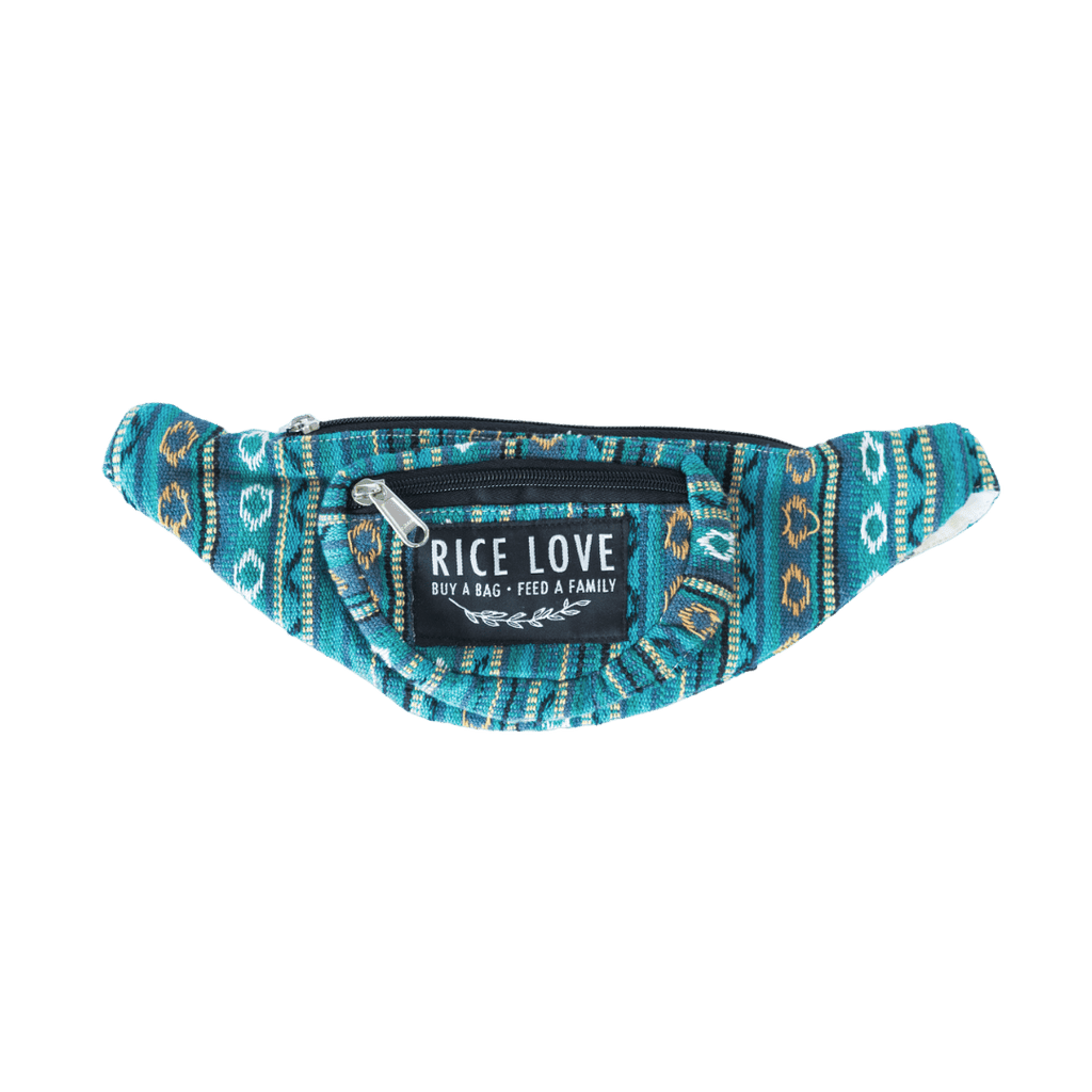 Blue patterned fanny pack with 'Rice Love' label on a transparent background