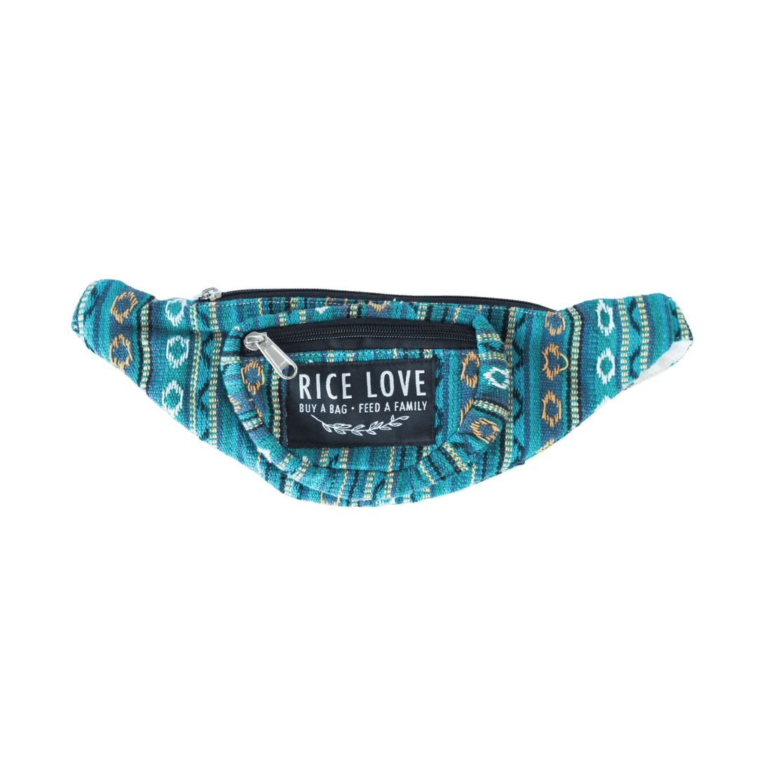 Blue patterned fanny pack with 'Rice Love' label on a transparent background