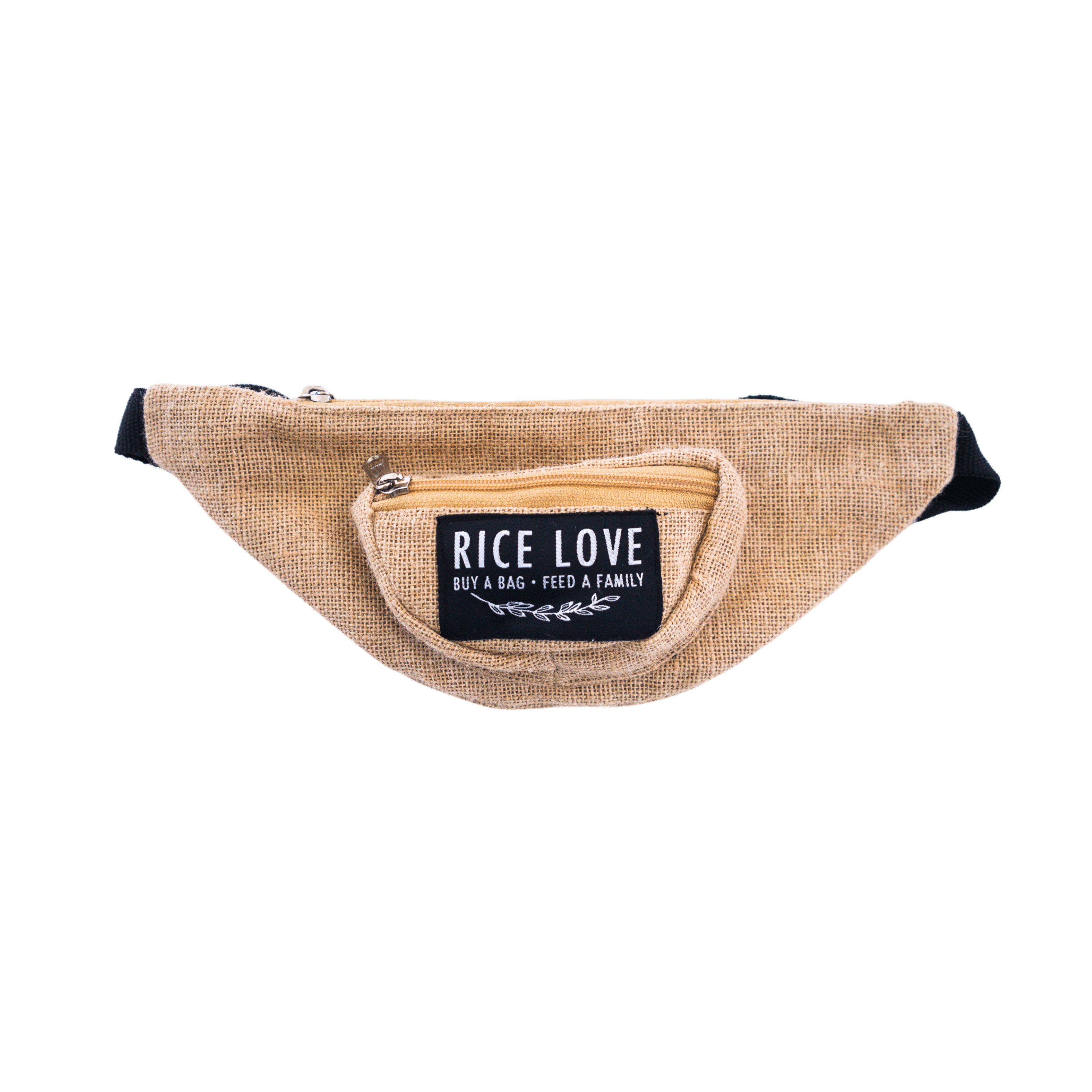 Beige waist bag with 'Rice Love' label on a transparent background