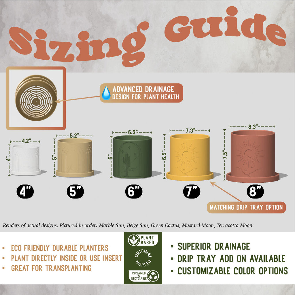 Sizing guide for planters with dimensions, color options and drainage system on a textured background