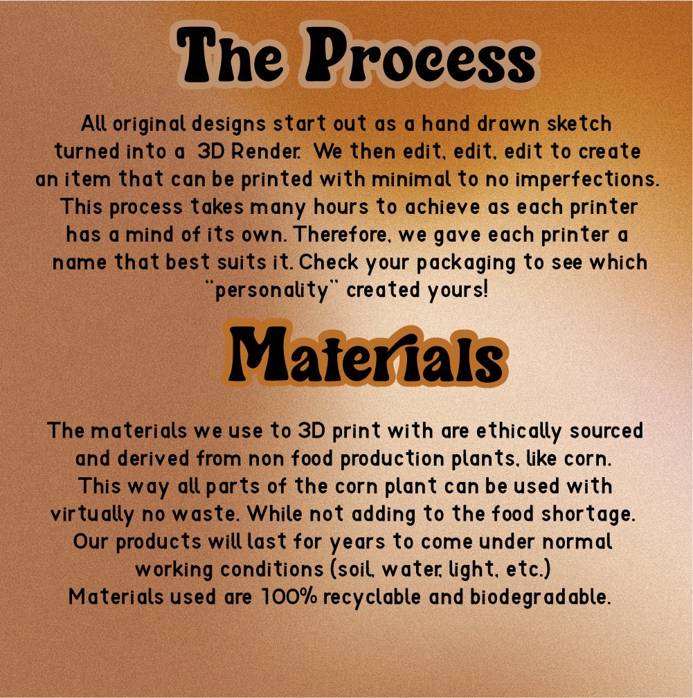Text on a brown background about the process and materials used for 3D printing.