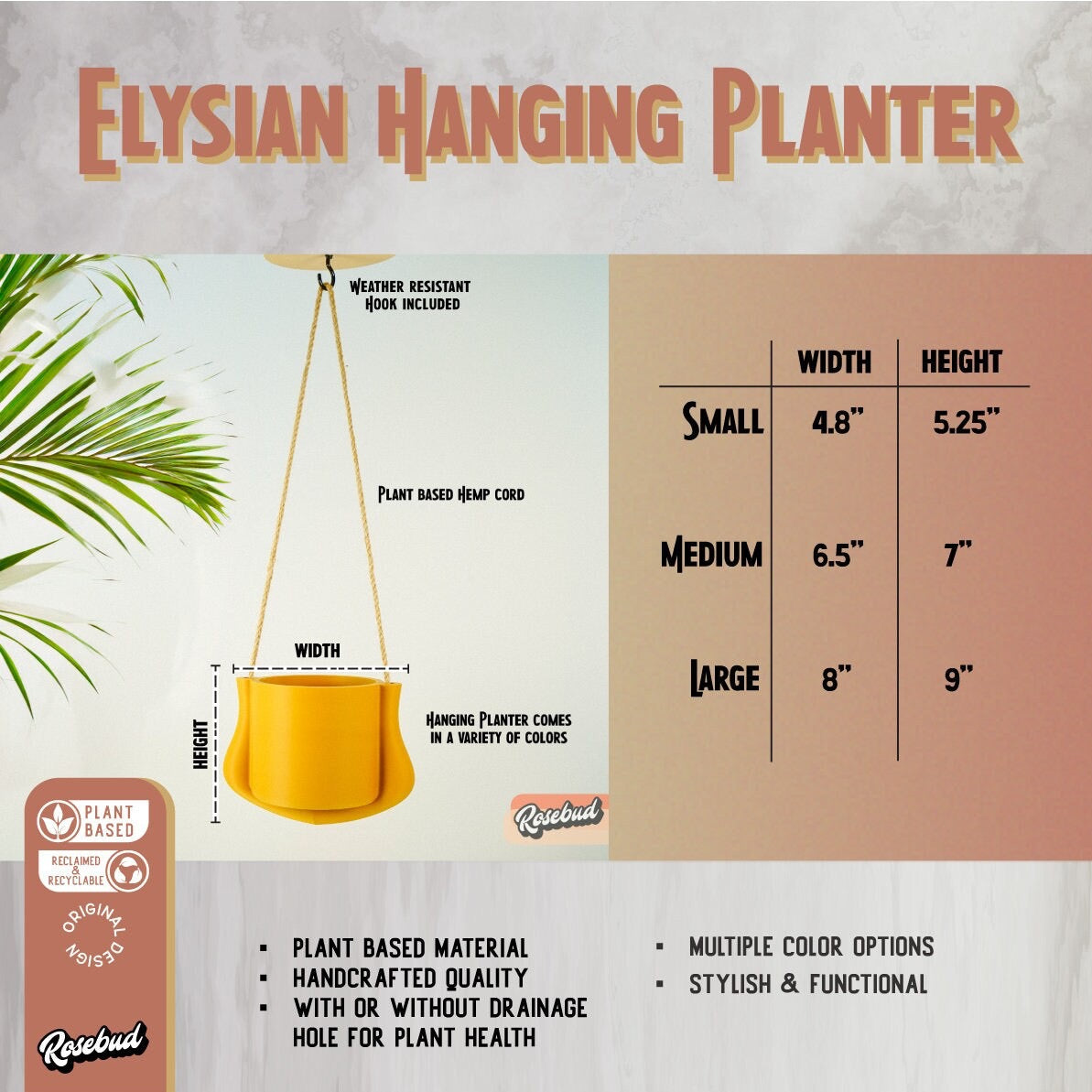 Elysian Hanging Planter with dimensions and material information on a gray background
