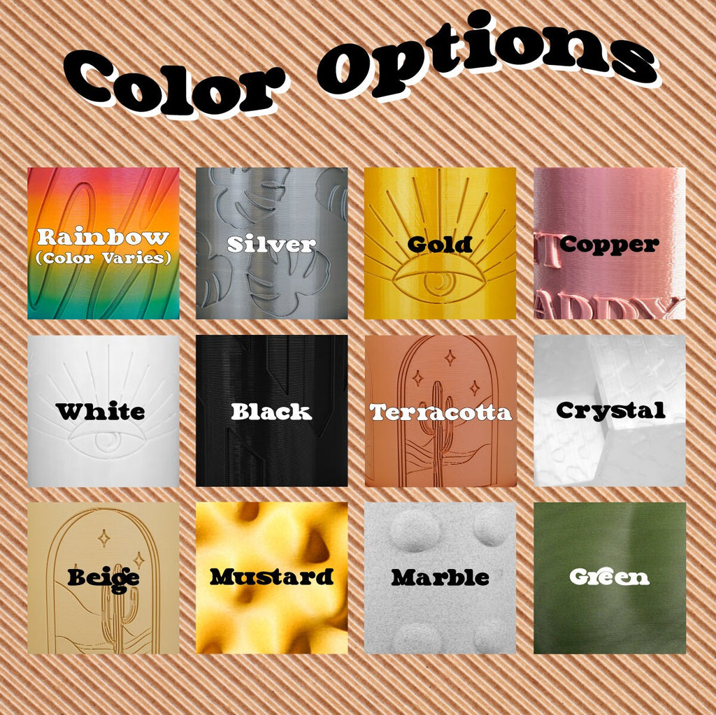 Color swatches with labels on a patterned background
