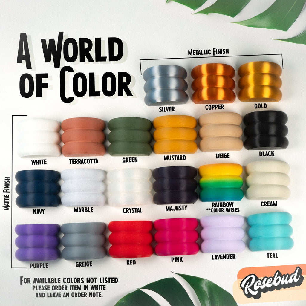 Color swatch chart with metallic and matte finishes for Rosebud products.