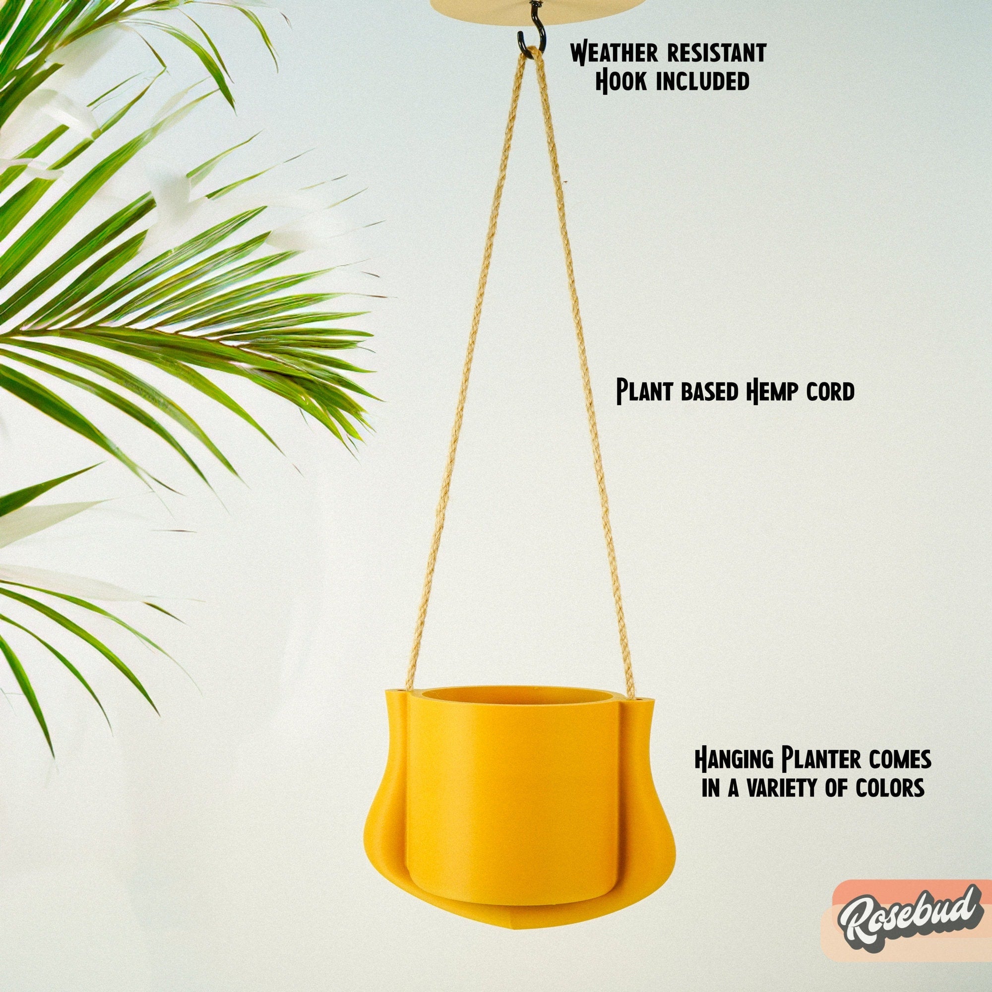 Yellow eco-friendly 3D printed hanging planter with text about weather resistance, plant-based cord, and color variety on a light background.