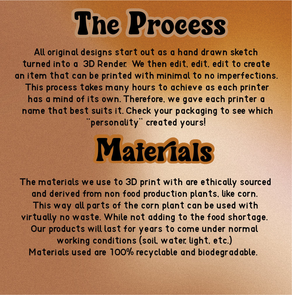 Text on a brown background about the process and materials used for 3D printing.