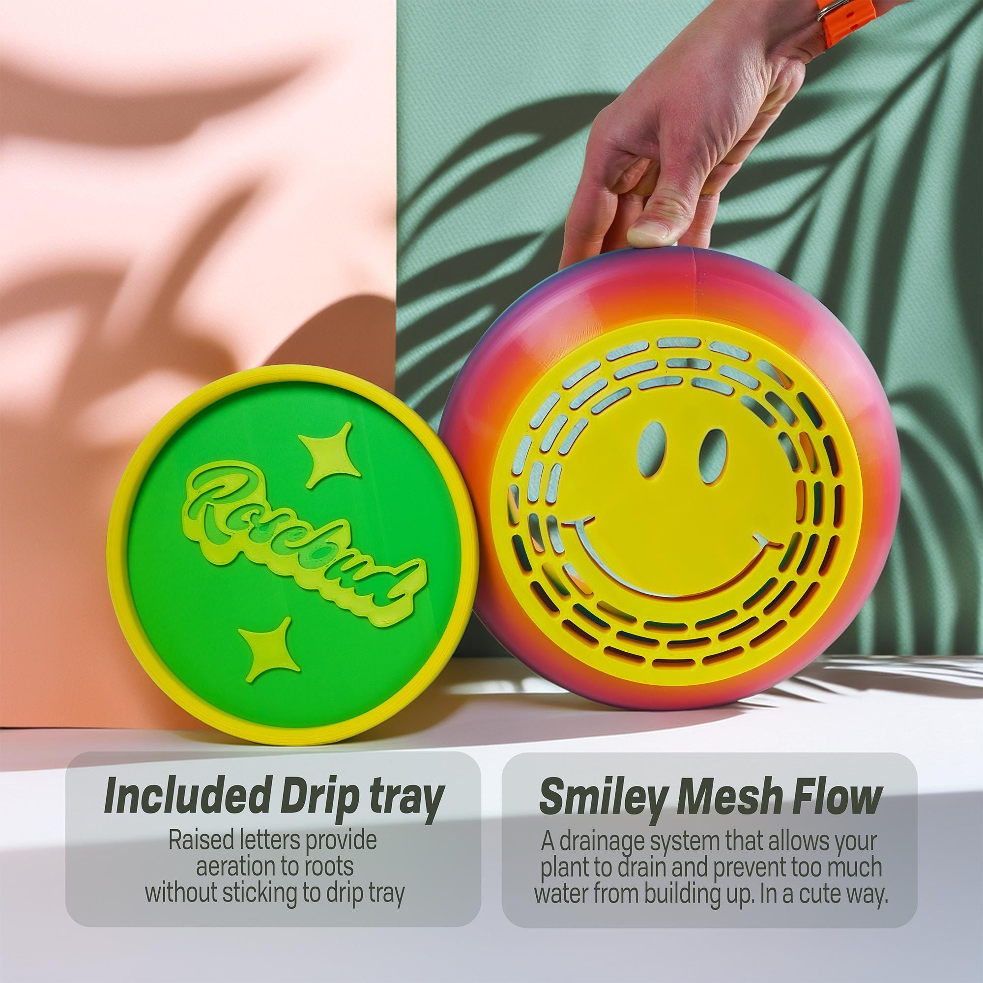 Two colorful plant pot bottoms, showing drainage system, with a smiley face design and text describing features.