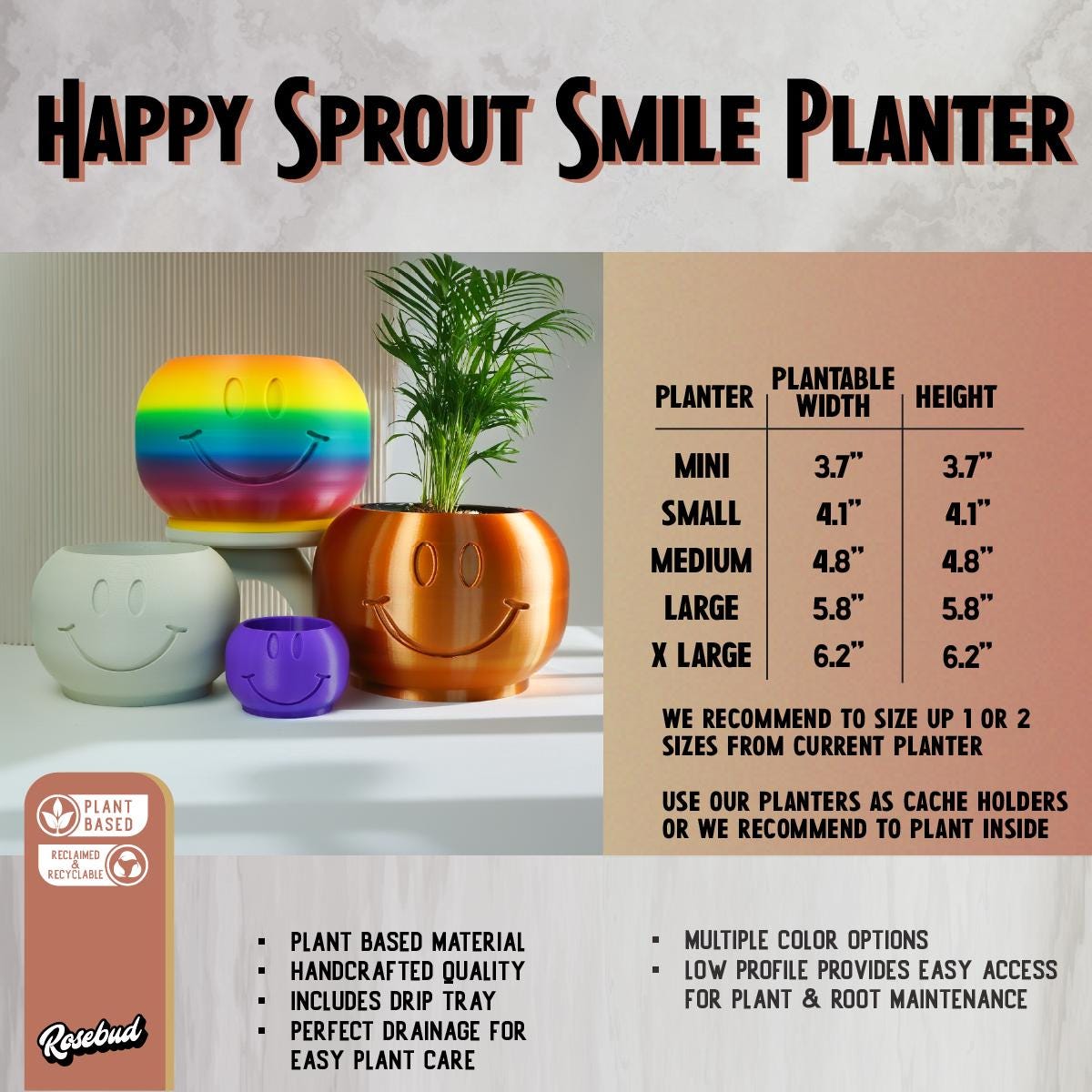 Happy Sprout Smile Planter with dimensions and color options on a neutral background
