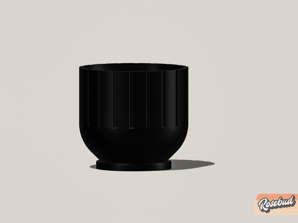 Black planter on a light gray background with 'Rosebud' branding.