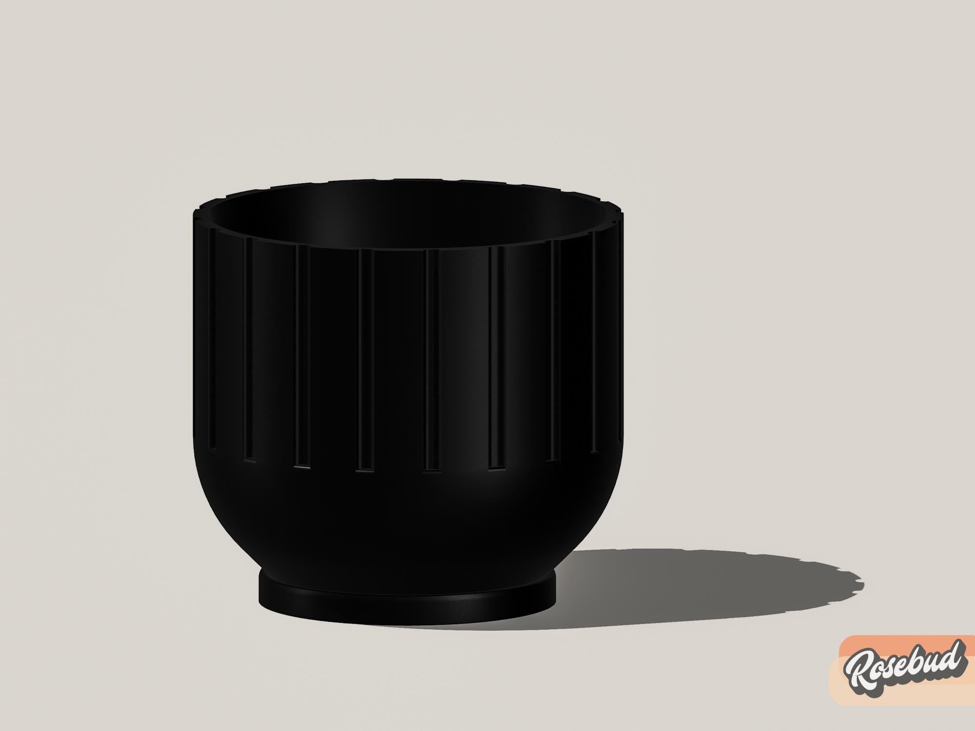 Black planter on a light gray background with 'Rosebud' branding.