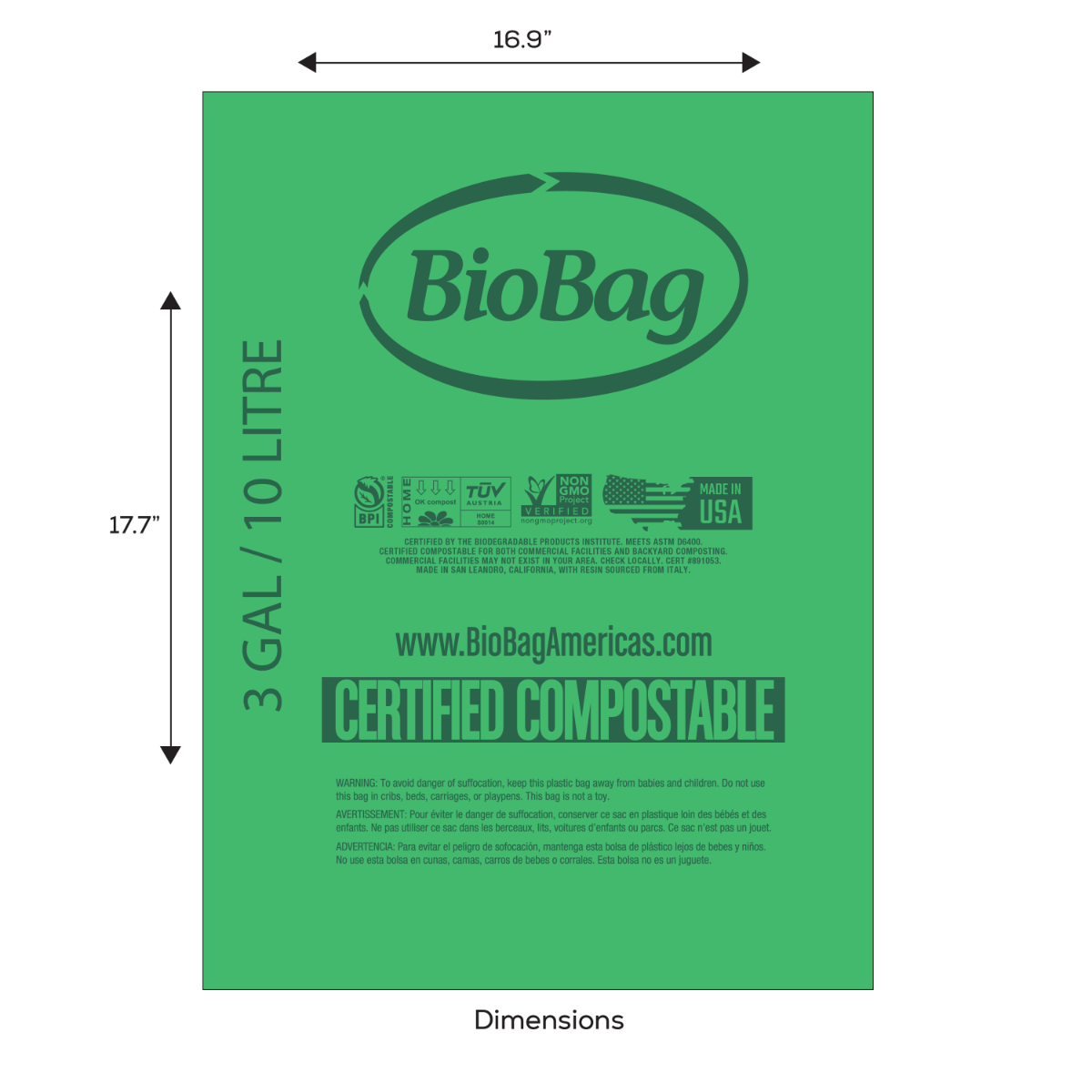 Green BioBag with dimensions and certification details on a white background