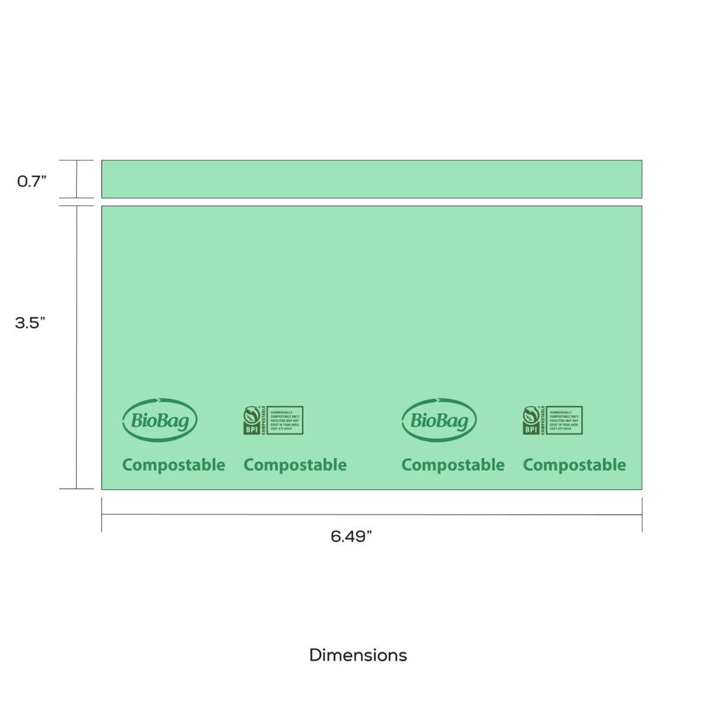 Dimensions of a green compostable bag with 'BioBag' branding.