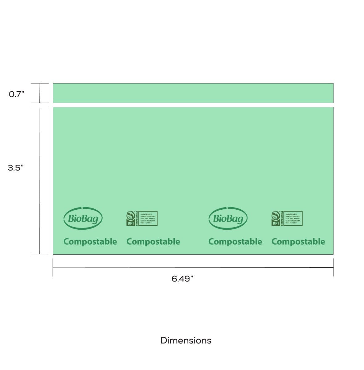Dimensions of a green compostable bag with 'BioBag' branding.