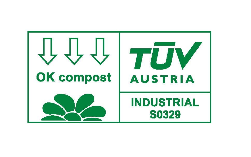 Green certification logo with TöVV Austria and OK compost symbols on a white background