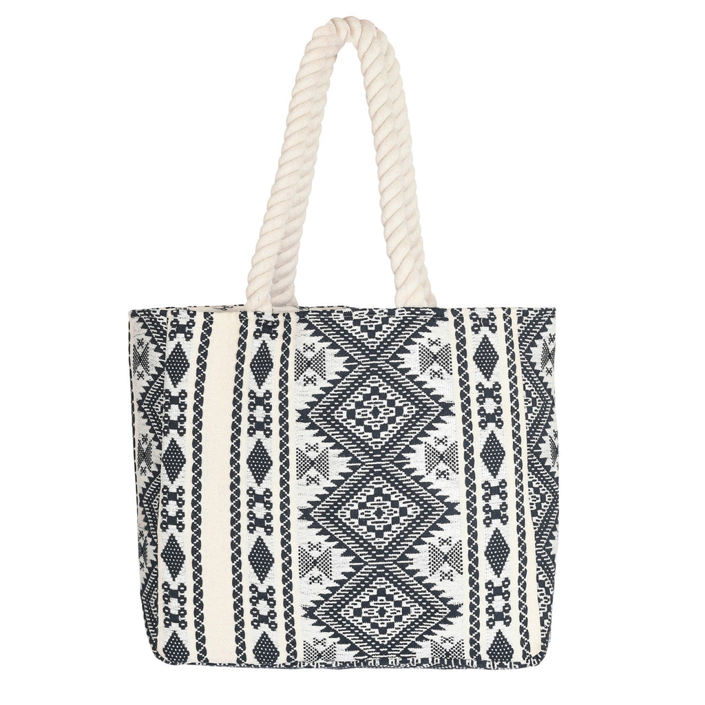 Tote bag with black geometric pattern and white handle on a white background