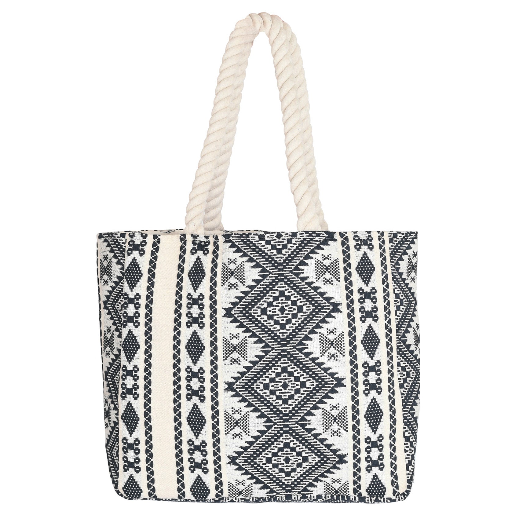 Tote bag with black geometric pattern and white handle on a white background