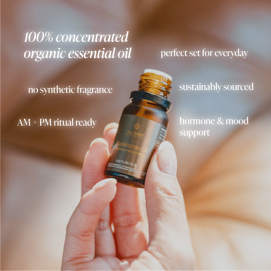 Hand holding a bottle of organic essential oil with text highlighting its features.