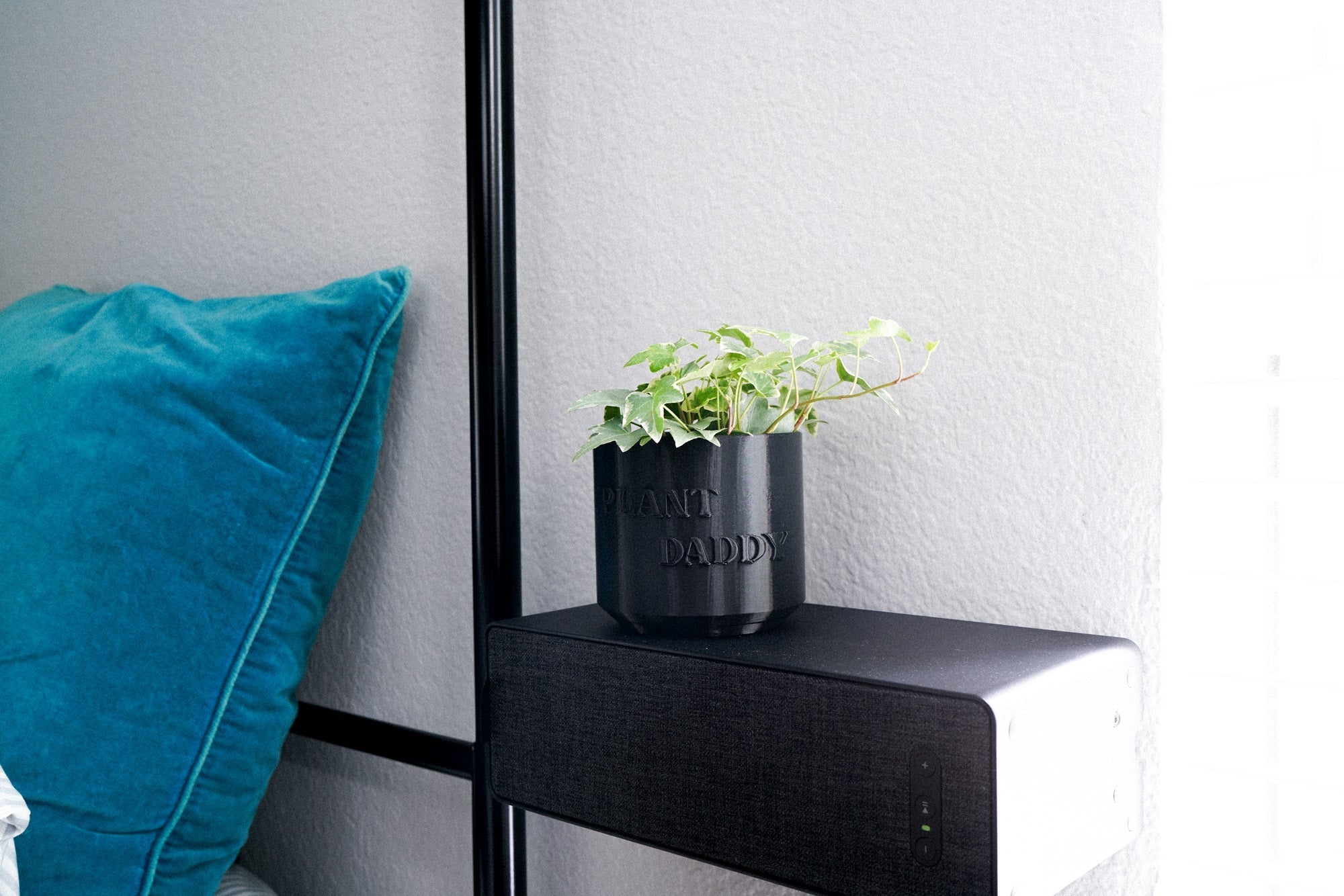 Black planter with Plant Daddy text on the side and a plant in it on a shelf next to a blue pillow against a white wall