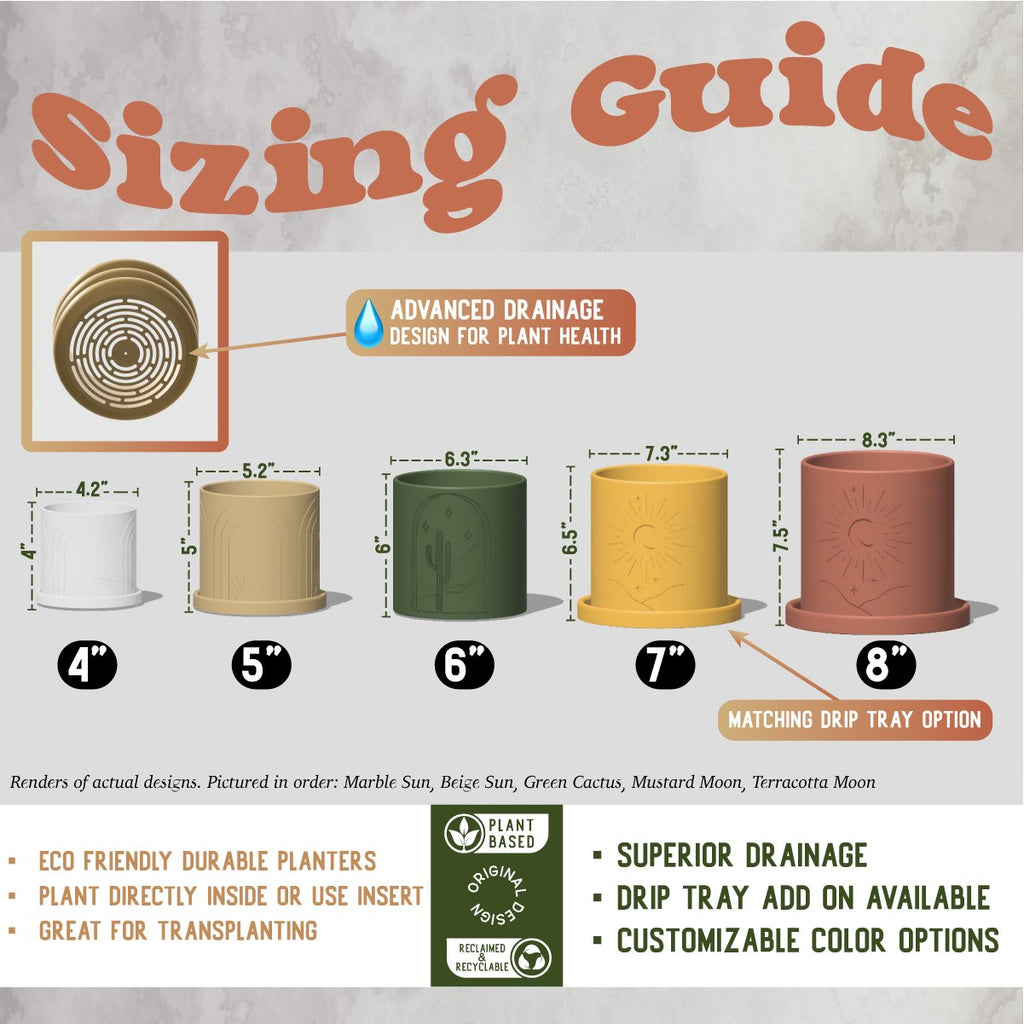Sizing guide for planters with dimensions and features highlighted on a textured background.
