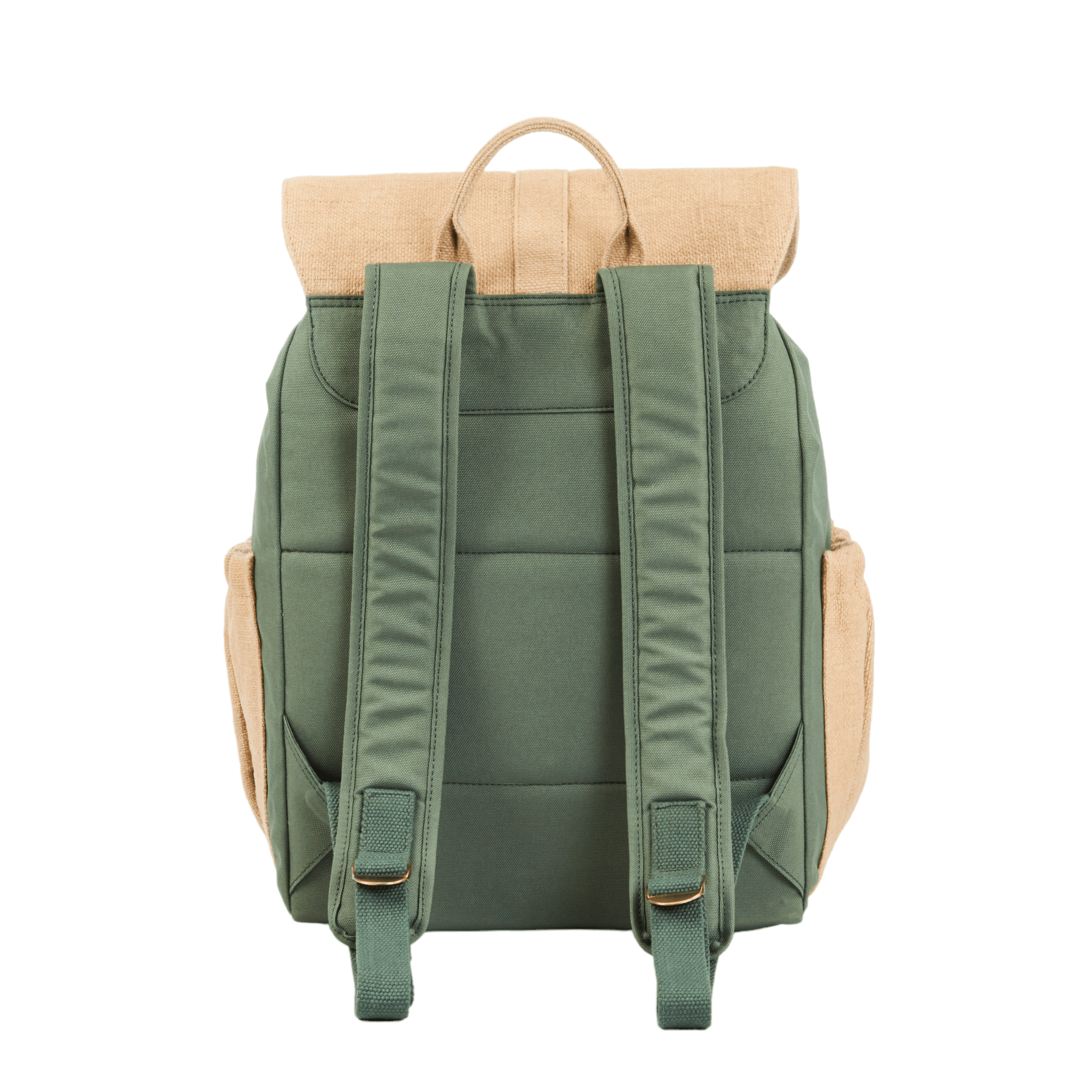 Green backpack with beige top section on a white background