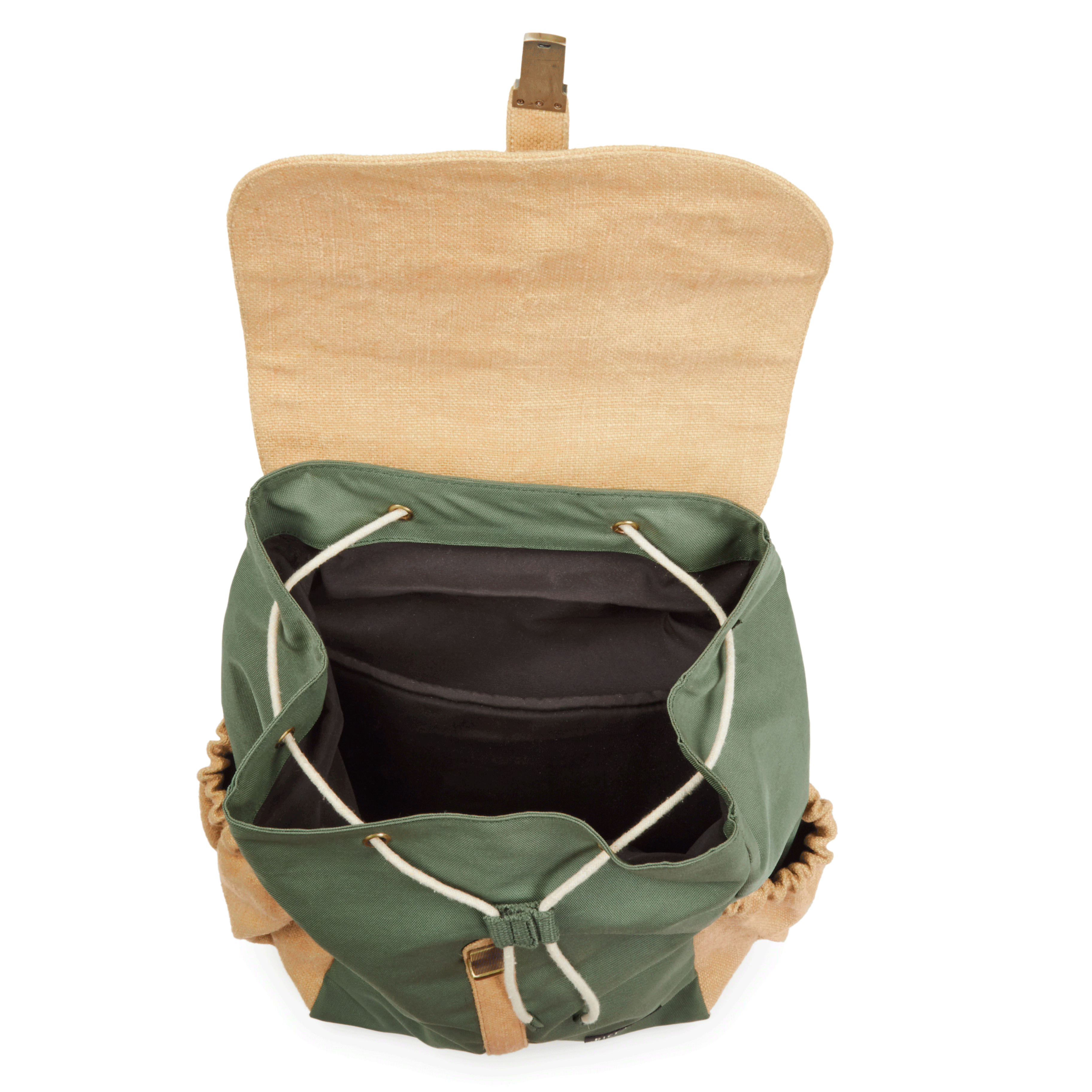 Green backpack with beige top section on a white background