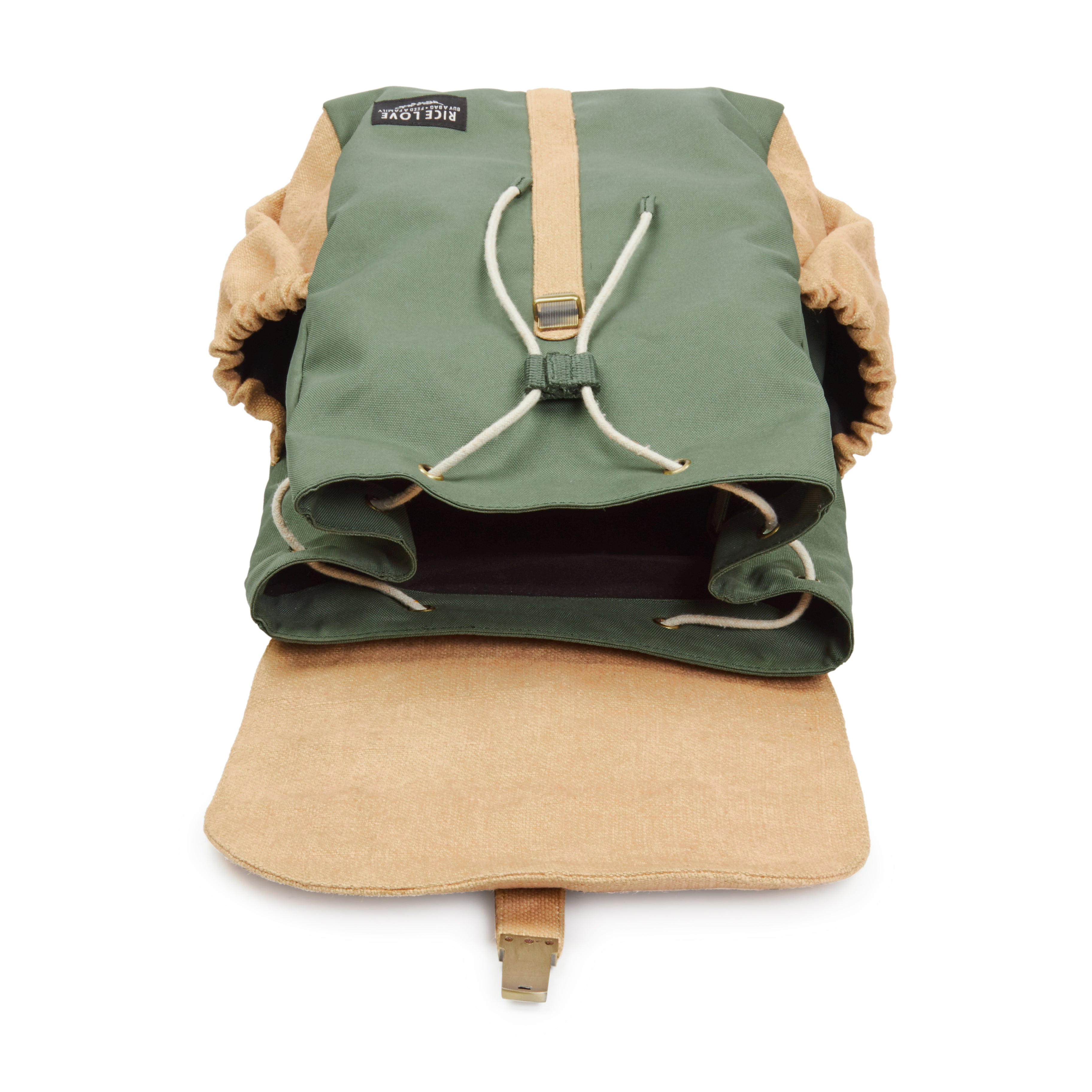 Green and beige backpack with drawstring and top that closes with a clasp on a white background