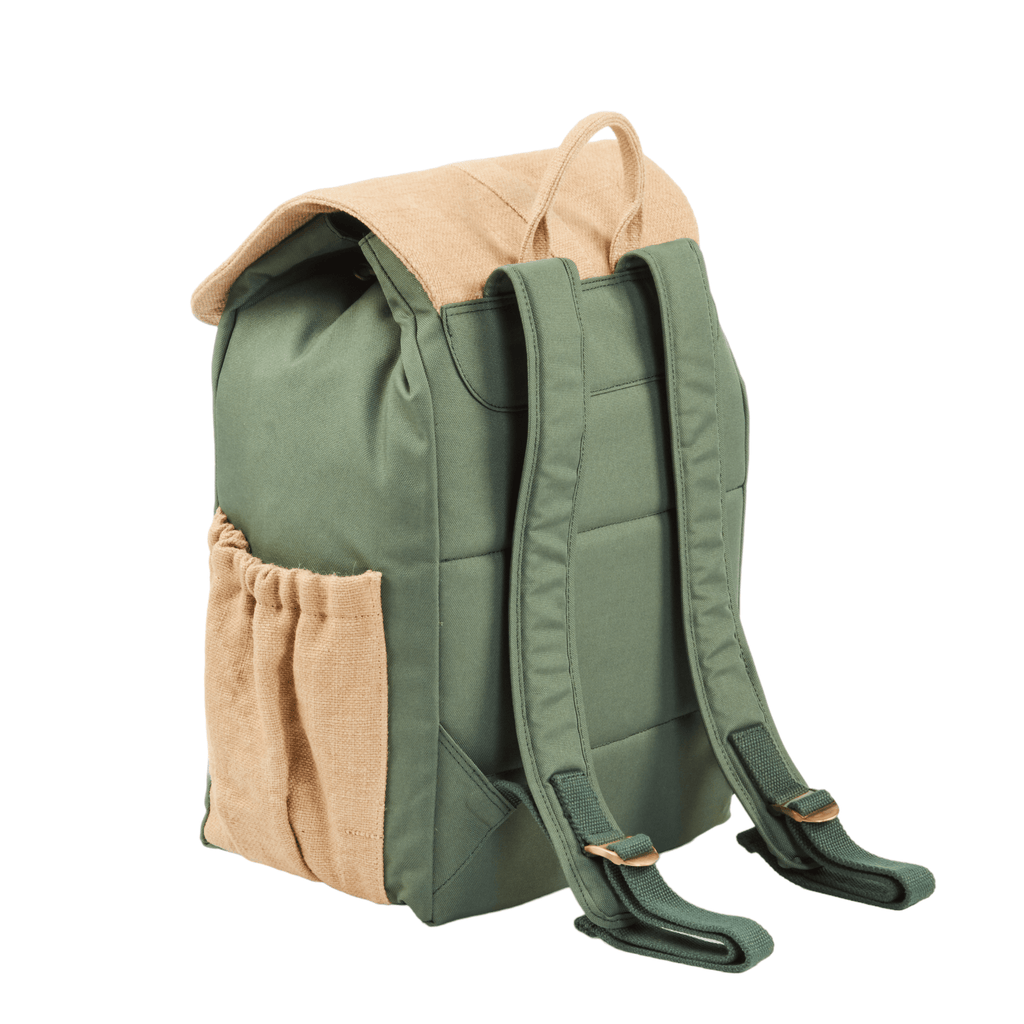 Green and beige backpack on a white background. Showing side pockets and shoulder straps.