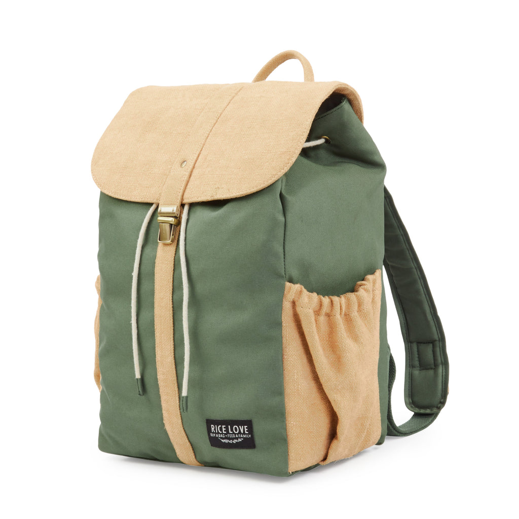 Green and beige backpack with a visible brand label on a white background